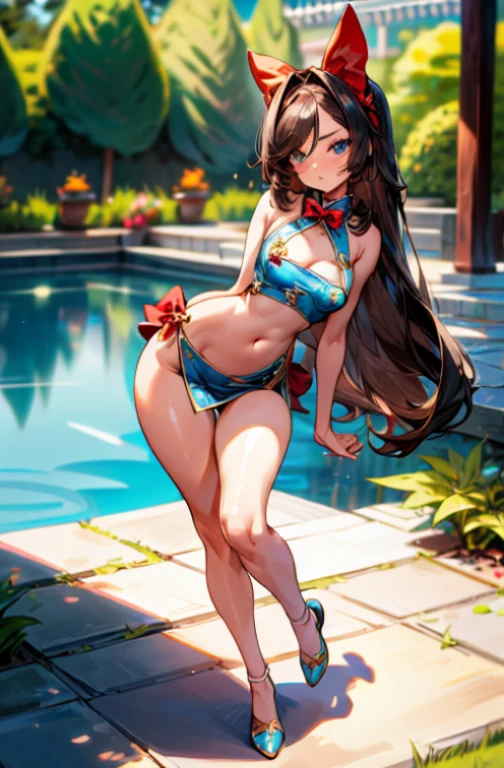1girl, , long hair, parted bangs, garden, artificial pond, full body, :<, (nipple contour:1), bokeh, red bow tie, midriff, (curvy legs:1.2), china dress, blue eyes, detailed eyes, brown skin, (shiny skin:1), (slim waist:1.3), hair flaps, bare hips, legs apart, standing, cleavage