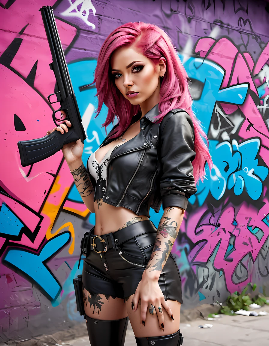 ((GTA5 drawing style)), captivating lady, ((standing in a provocative post against a graffiti-covered wall)) (holding a shotgun) (((looking at the viewer))), confidence and allure, stylish gothic attire, unique personality, vibrant flowing pink hair, (hands_with_5_fingers), (perfect_hands), (perfect_fingers), (perfect_legs), (better_hands), More Detail