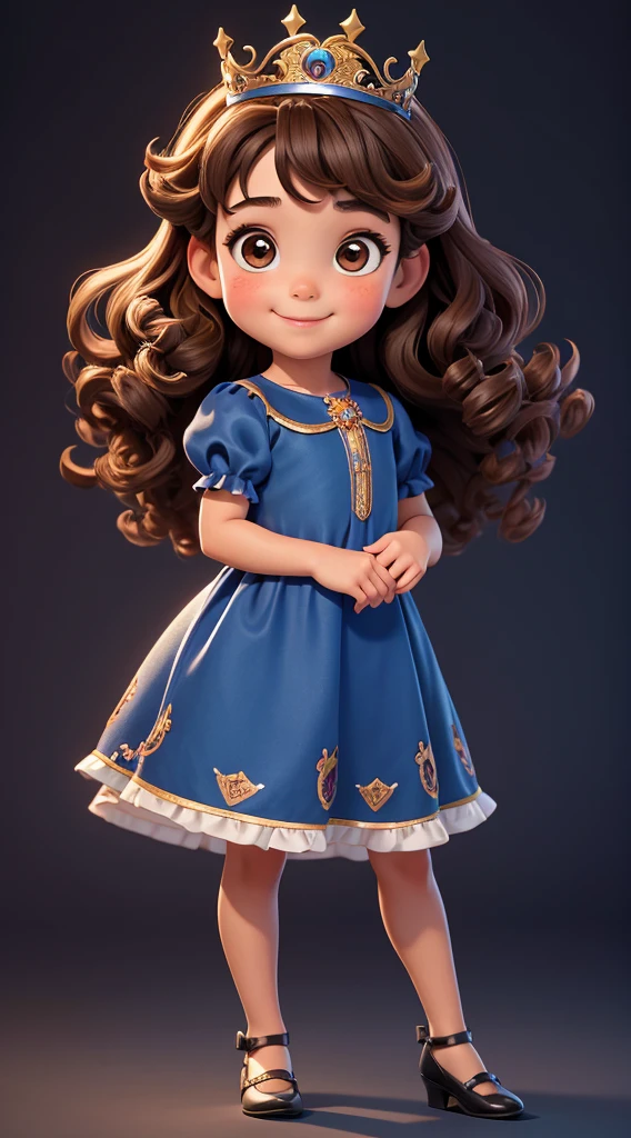 Various full body image profile pose. small child, four-year-old girl, curly brown hair, brown eyes, charming smile, wearing a dark blue dress, fairytale princess style.