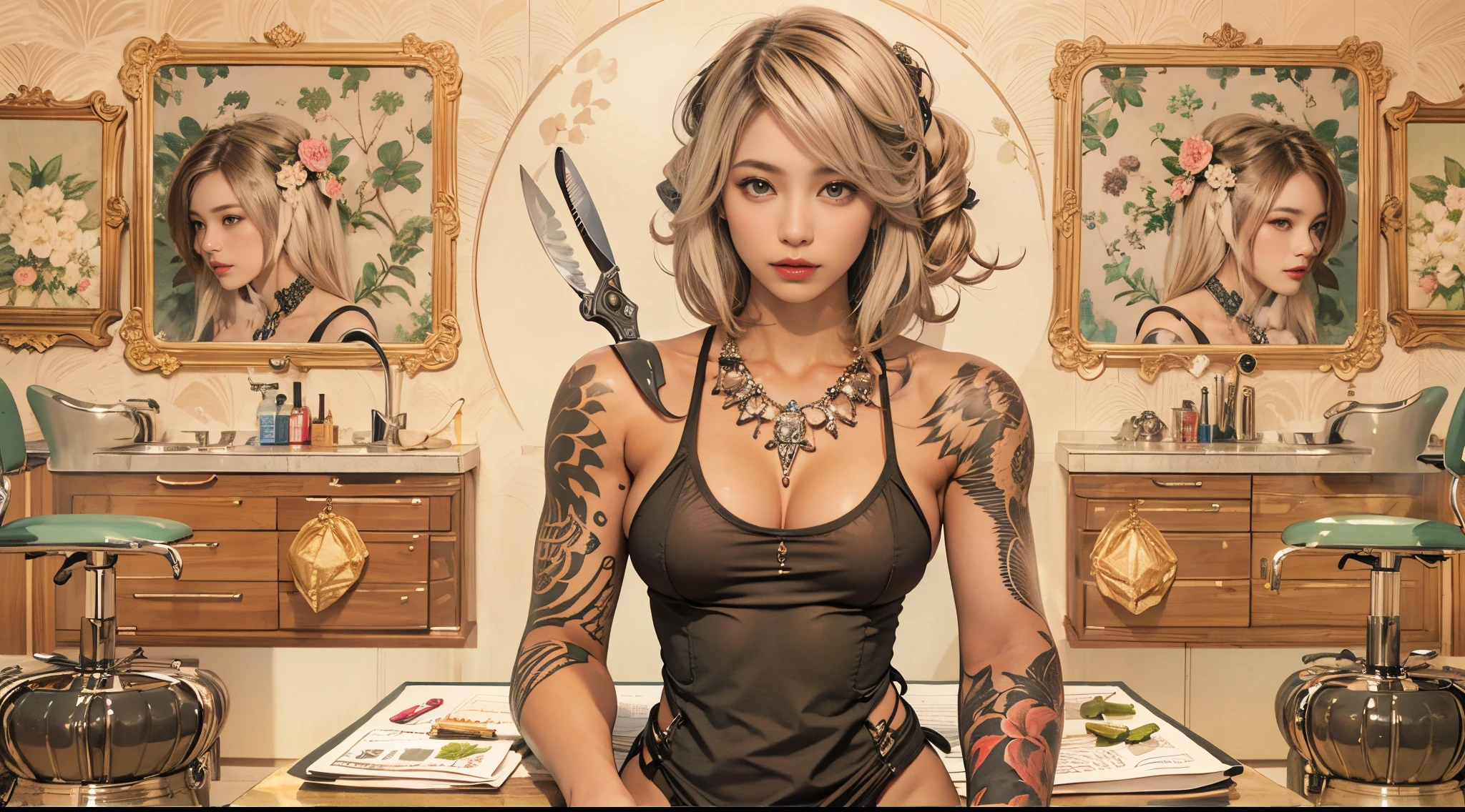 nsfw, A charismatic female hairstylist, muscular with many tattoos, working in a luxurious salon. She has a deep tan, typical of a gyaru style, and is intensely focusing on her work while holding scissors. The image should include detailed depictions of the salon environment, hairstyling tools, and accessories. The stylist's expression is serious and dedicated, capturing her commitment to her craft. The full body of the stylist should be shown in the image.