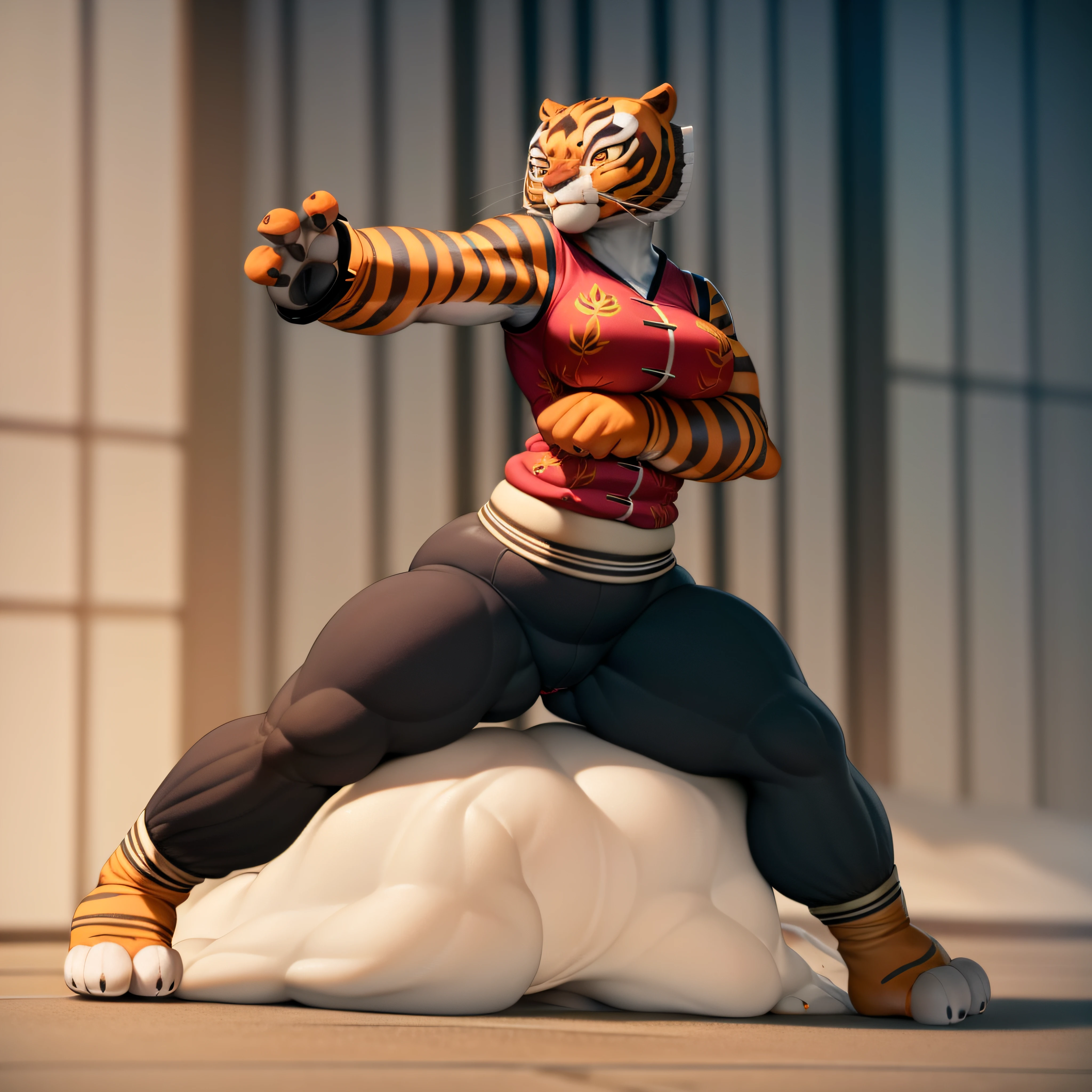 SSBBW, FAT, BIG THIGHS, BGIANT BOOBS, ((obra-prima, melhor qualidade)), (luz complexa), corpo inteiro de tigresa, 1girl, solo, furry female, tigre antro, sem humanos, Slacks, standingn, postura de luta,