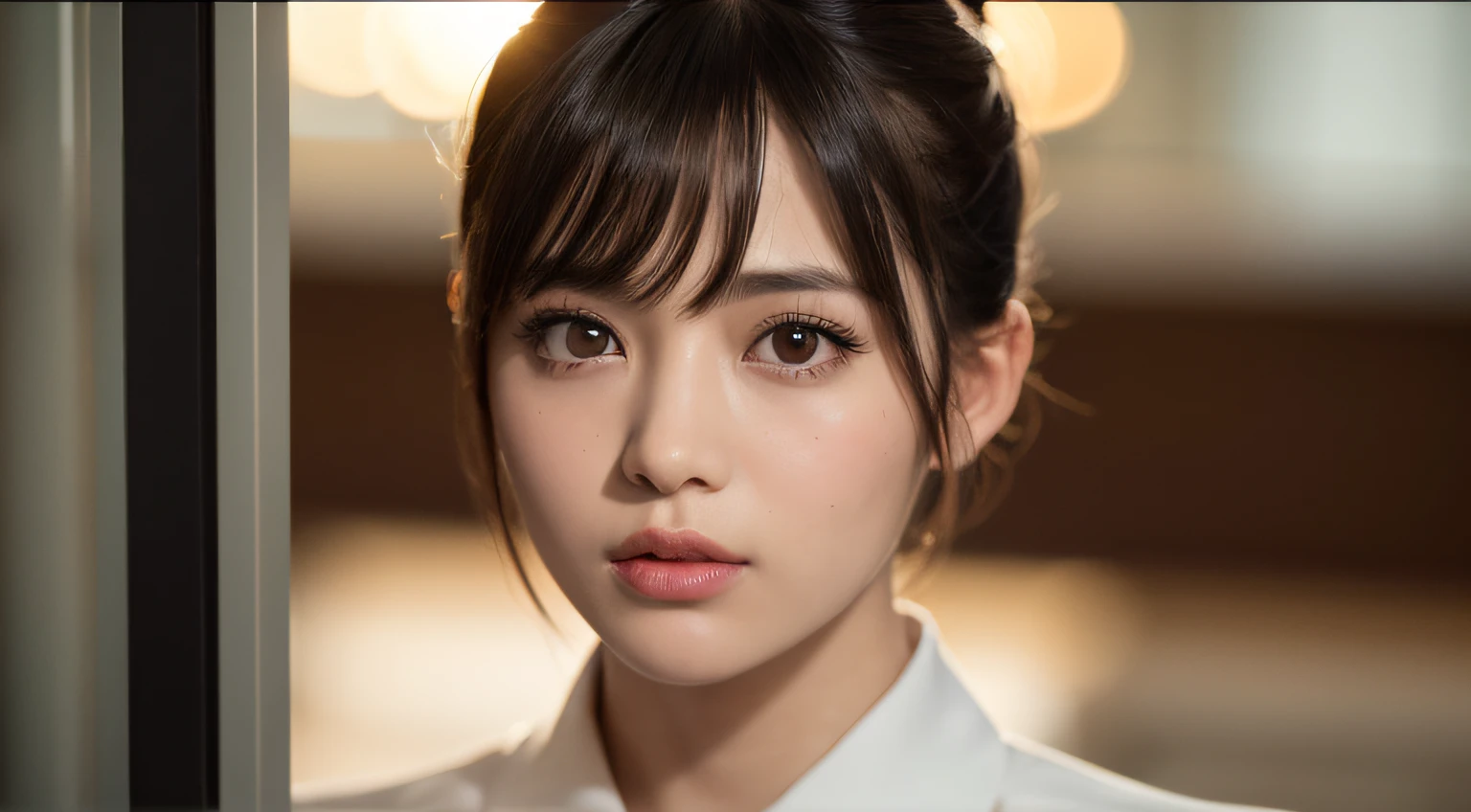 masseter membrane, quality, tmasterpiece, A high resolution, 真实感,Full body photo， Original photography, 8k wallpaper, flawless perfection, profesional lighting, Nipples are very delicate, depth of fields,soft solid color background, ((Energetic at 40)), The body  thick and fat, Female sexy, Detailed faces, beautidful eyes, through bangs, Bigchest, Light brown ponytail, Thin lips, ((Stand facing the center of the screen, Gaze at the viewer, serius face)),Professional Dress, The foot extends beyond the frame, looking at viewert, cow boy shooting，Full body photo
