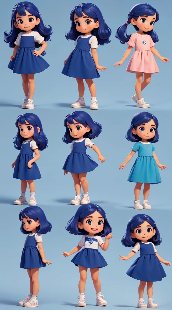 Various full body image profile poses. small child, menina de quatro anos, cabelos castanhos cacheados, olhos castanhos, sorriso encantador, Usando um vestido azul escuro,