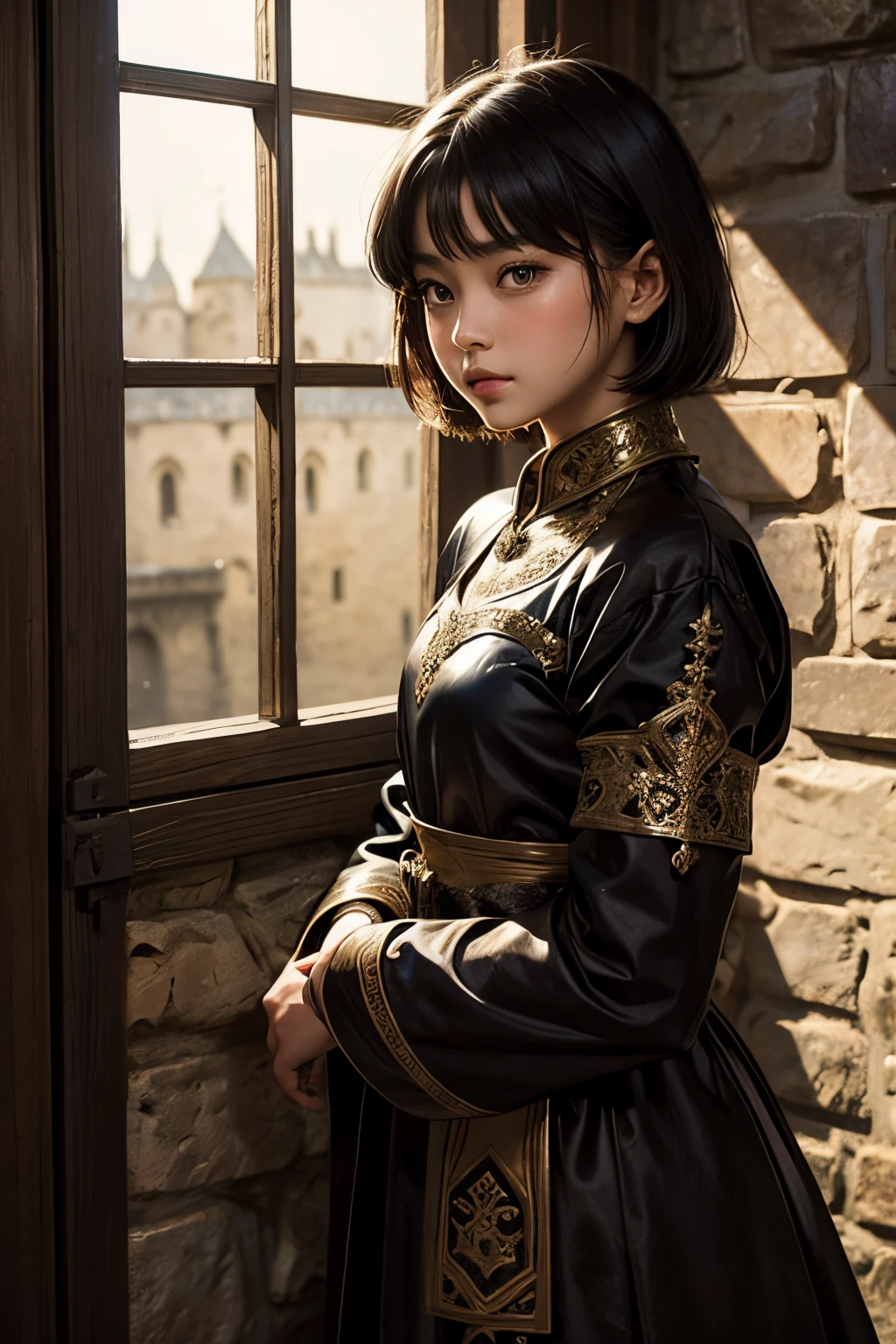 Beautiful girl, 19 years, Asian features, short hair black, beautiful brown eyes, medieval dress, shy pose, shy face, in a medieval castle room