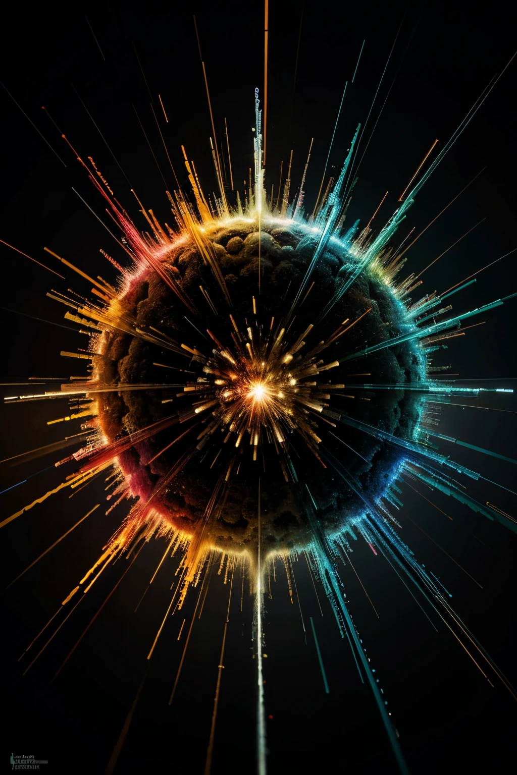 vibrant explosion of atoms,burst of colors, high-resolution, abstract concept, dark palette, dramatic lighting, realistic,
