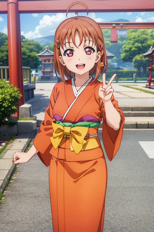 (((pixel perfect, Detail Perfect))), Bad Hand，Well-formed five-finger，Solo, 1girl in, Chika Takami, bowtie, Looking at Viewer, Smile, :D，red orange kimono，Furisode，kimono，shrines