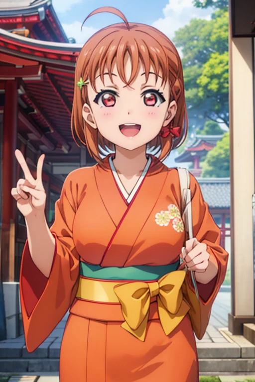 (((pixel perfect, Detail Perfect))), Bad Hand,Well-formed five-finger,Solo, 1girl in, Chika Takami, bowtie, Looking at Viewer, Smile, :D,red orange kimono,Furisode,kimono,shrines