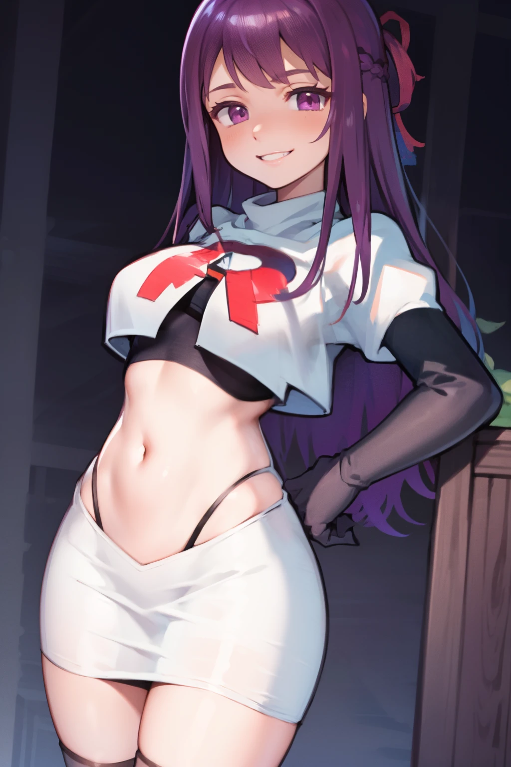 ivy fe purple eyes, purple hair, team rocket uniform, red letter R, white skirt,white crop top,black thigh-high boots,black elbow gloves, smile, show teeth,