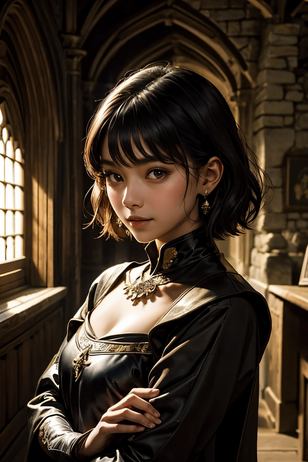 Beautiful girl, 19 years, Asian features, short hair black, beautiful brown eyes, medieval dress, shy pose, shy happy face, in a medieval castle room