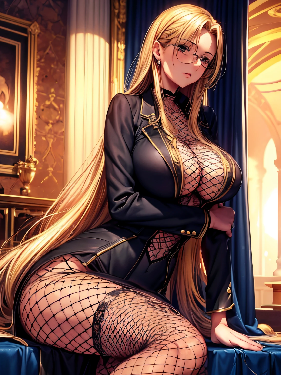 (Best quality at best,8K,A high resolution,tmasterpiece:1.2),Digital artwork,A woman，30 years old，mature looking，tall nose bridge，Frenchman，golden long hair，straight hair，With a gentle expression, Depicted from head to toe，big breasts，no bang，detailed face, black formal suit with fishnet stockings，wearing glasses，in the castle，secretary outfit