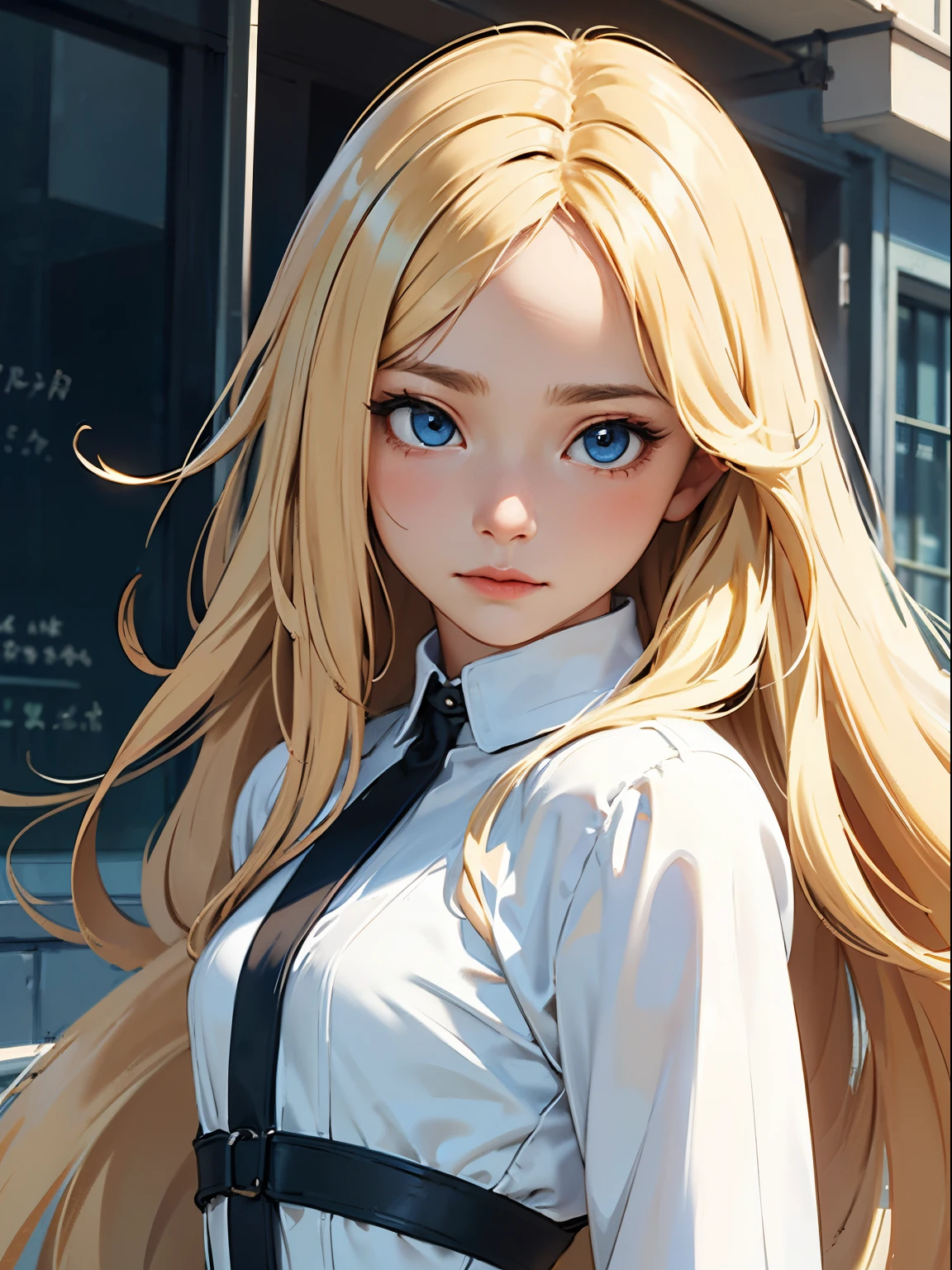 ((Best quality)), ((Masterpiece)), (Detailed), oerfect face, androgynous female, very long hair, blonde, blue eyes, small breast, cute clothing, very pale skin, tall, beautiful, shy,