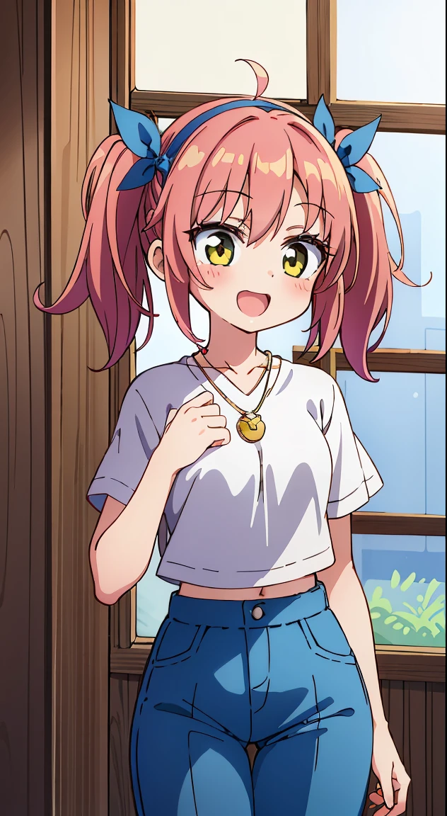 Anime girl with pink hair and blue jeans standing in front of a window ...