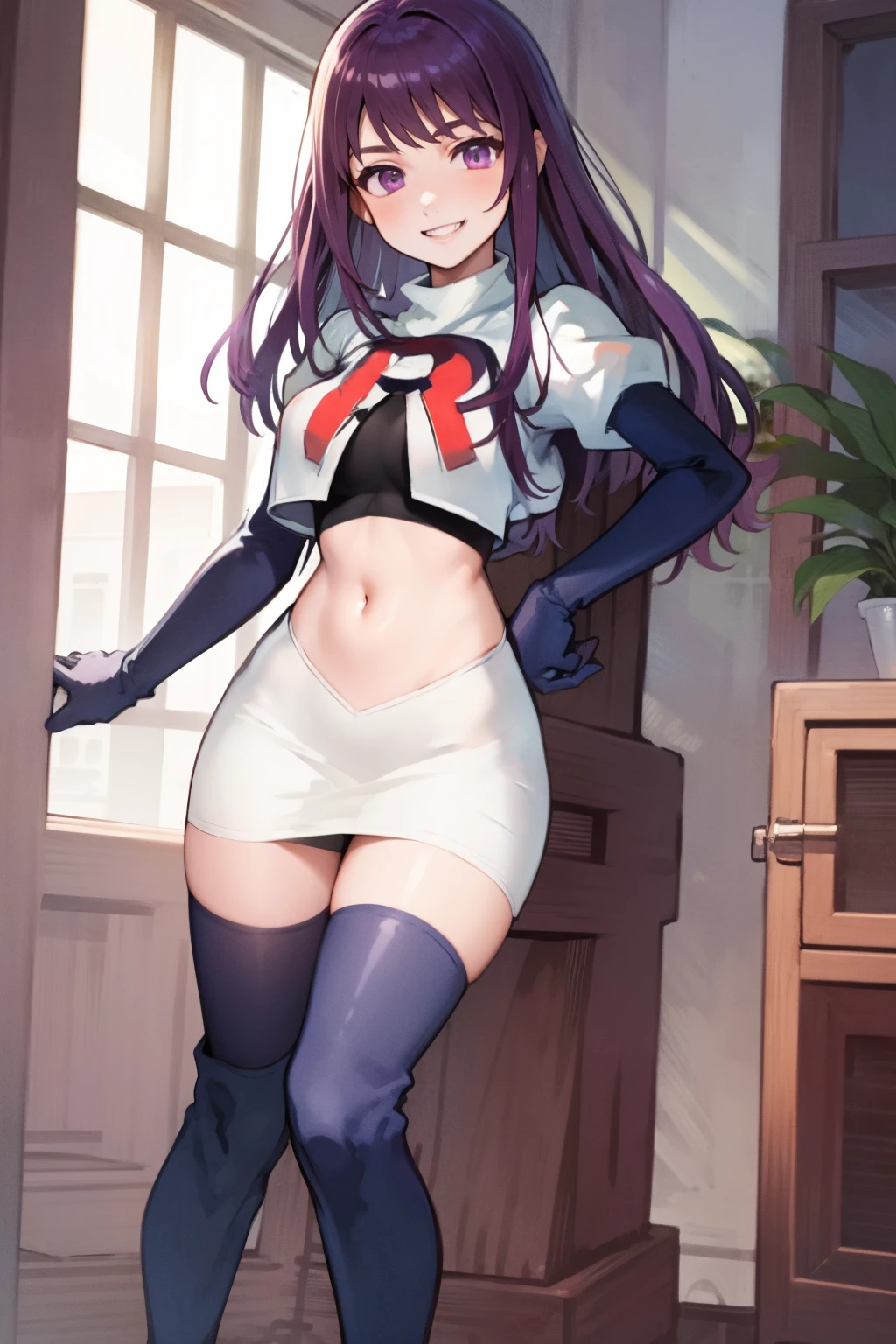 ivy fe purple eyes, purple hair, team rocket uniform, red letter R, white skirt,white crop top,black thigh-high boots,black elbow gloves, smile, show teeth,