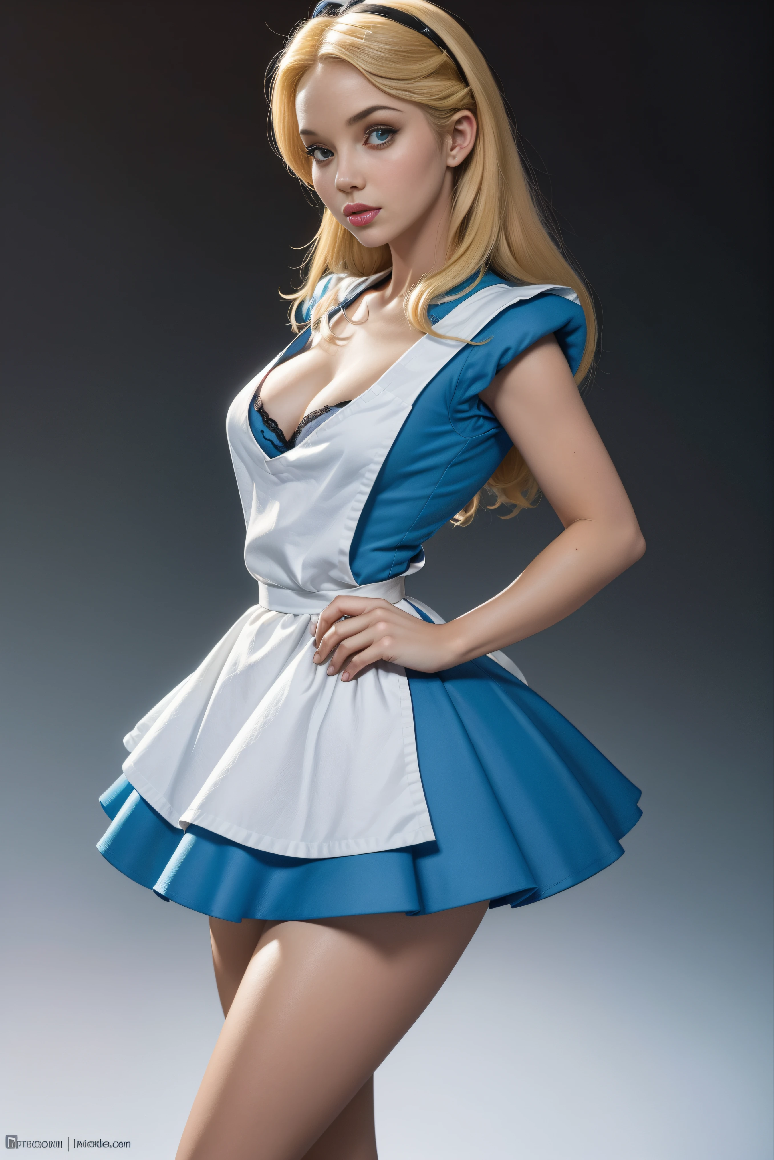 masterpiece, 1girl, solo, a sexy Alice in Wonderland with blonde hair, powder blue dress with white apron, white stockings, cleavage, dynamic, ultra high def, 32k, (perfect anatomy:1.5), perfect legs, in the style of Artgerm and Adam Hughes, perfect arms,