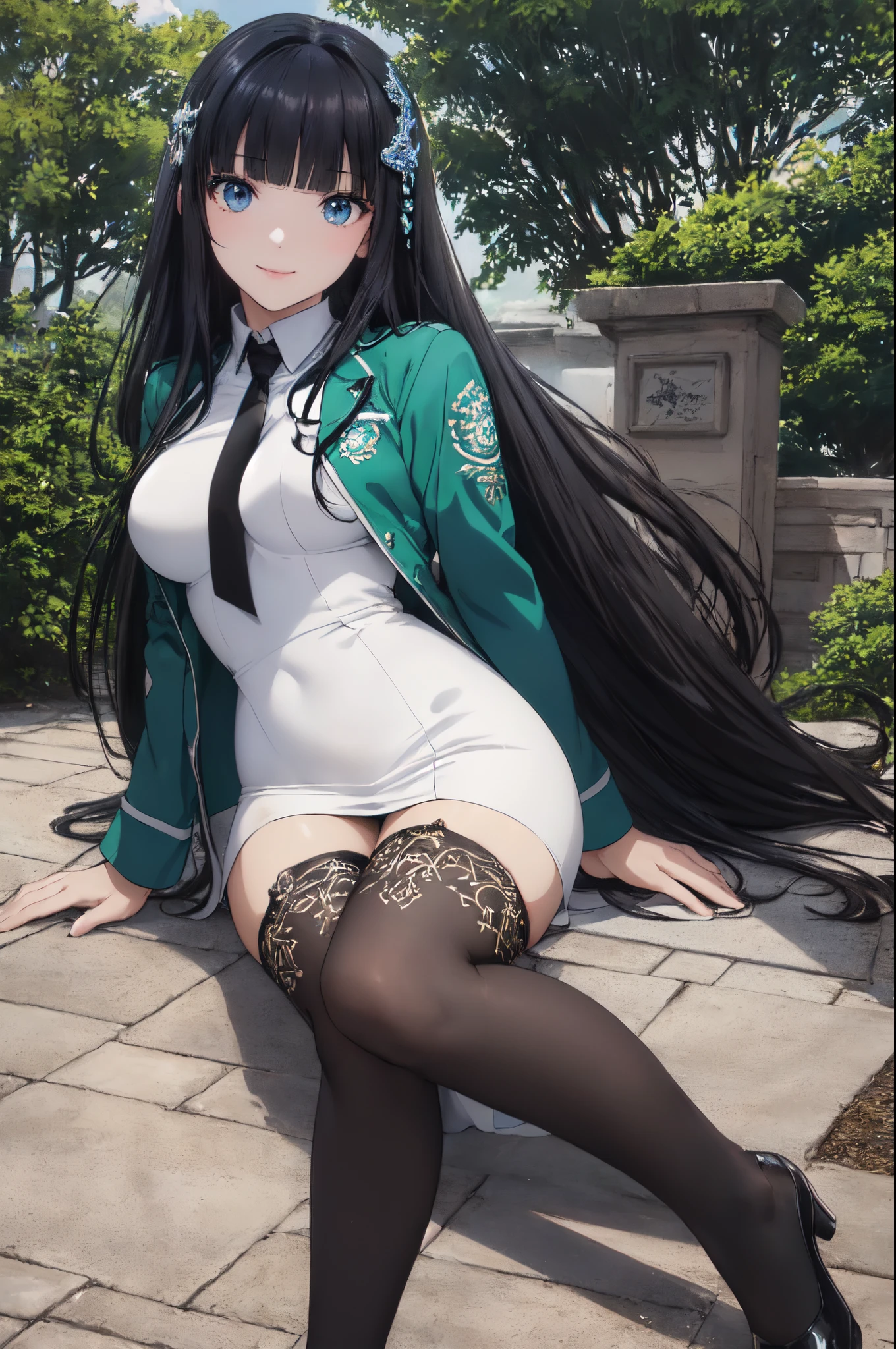 (​masterpiece:1.5),an animated character,(very precise details,Ultra High Resolution:1.4),the Extremely Detailed CG Unity 8K Wallpapers,(Realistic,Photorealsitic,hyper realisitic:1.5),student clothes,(Green jacket,Pure white long dress:1.4),(Black tie,Black pantyhose:1.4),(Long straight hair:1.4),(anime eyes,shinny eyes:1.3),(Curve,Model,glamor:1.5),(Large breasts:1.2),Beautiful breasts,Farbe_aberration,beautiful detailed shadow,Beautiful eyes,Beautiful body,Beautiful skin,beautifull hands,(Attractive illustration of a young neat woman of 18 years:1.3),sitting on,Unclear,Mystical,(white hair ornament:1.4),(A dark-haired,Black eye,Medium straight hair:1.4),(Tsuriformes:1.4),(Thin Eyes:1.4),(blue eyess:1.4),Detailed long hair,with exquisite details,(Embroidered on white base:1.3), accentuating her curves,(gently smiling:1.3),(A dark-haired:1.4),(Blunt bangs:1.4),(Seductive look,Erotic atmosphere,Erotic body:1.4),(Bangs are the same length:1.3),student clothes,(Green jacket:1.4),(Black stockings:1.4),