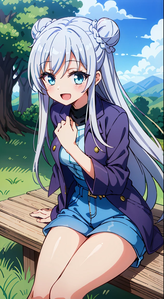 (masutepiece, Best Quality, Perfect Anatomy, High quality:1.4), absurderes, absolutely resolution, unbelievable Ridiculous, hight resolution, ultra-detailliert, Official art, Unity 8k壁纸, Kinetic typography,nice hand, Perfect hands, Detailed beautiful hands, Large_filesize, fulcolor, hight resolution, symmetric, exceptional, Best aesthetic, newest, Anime, very beautiful detailed body,The hair,faces,The eye,
BREAK,


1 beautiful girl, 1girl in, (Cute:1.5),(Cool:0.8), (Beauty:1.5),(Chibi:0.5), (17 years old girl), (girl, Older sister, Unclear, Beautiful face of Japan:1.2) BREAK, (A detailed eye,Tsuriformes:1.2),(Silver hair,Long hair in a bun,Deco:1.8), Star eyes silhouette thick eyelashes, Double eyelids:1.2), cleavage, ,Swaying udder, Clear skin, Beautiful skin, Shy, Erect ,Clear skin, Beautiful skin, Shy, gleaming skin,(best quality face),(Top quality glowing eyes),(The best smile,:D:1.45),

destroy the shirt, White shirt, Jacket, Pants, shoes, Open your clothes, Open jacket, sneakers, Long sleeves, turtle neck, (Oversized_Clothes:1.4)
Breaks have, Baseball Cap, shoes, espadrilles, white footwear,

BREAK
sitting, knees up,
Outdoors, day, Blue sky, cumulonimbus clouds, Sunlight, Flowers, garden, forest, Soto, Trees, Wind, Windy, Nature, tussock, (camping:1.4),depth of fields,

BREAK,wakame,wakame,wakame,(Dynamic Poses, Dynamic Angle, close-up, Cowboy Shot, Cowboy Shot:1.4),

BREAK,(Blurry background:1.3),(absurderes, hight resolution, Super Detail Art),cel shading,Clear Color, Lonely optical effect, Beautiful pictures, Bright glow, mystic atmosphere,(Close-up of girl:1.1), Mystical light particle effect,manga influence, clean line drawings,
nice hand, Perfect hands,