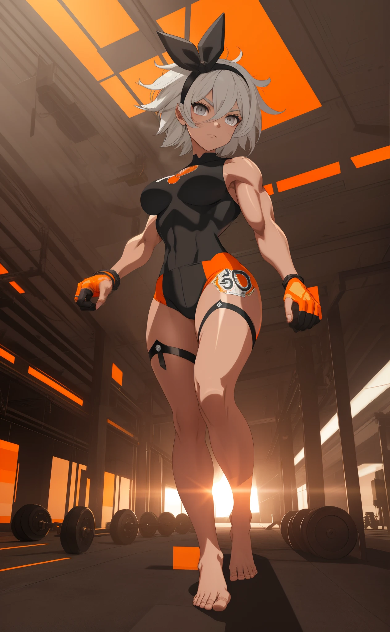 [bea] [pokemon], [uploaded to e621.net; (napalm_express)], ((masterpiece)), ((HD)), ((solo portrait)), ((full body)), ((front view)), ((feet visible)), ((detailed shading)), ((beautiful render art)), ((intricate details)), {anime girl; (dark-toned skin), (cute grey eyes), (short eyelashes), short white hair, (curvy hips), (defined muscles), (beautiful muscular legs), (beautiful feet), (expressionless)}, {(black bodysuit), (sleeveless), (black hairband), (fingerless gloves)}, {(standing), (looking at viewer)}, [background; (open room), (gym), (ceiling lights), (sun rays), (pink and orange sky)]
