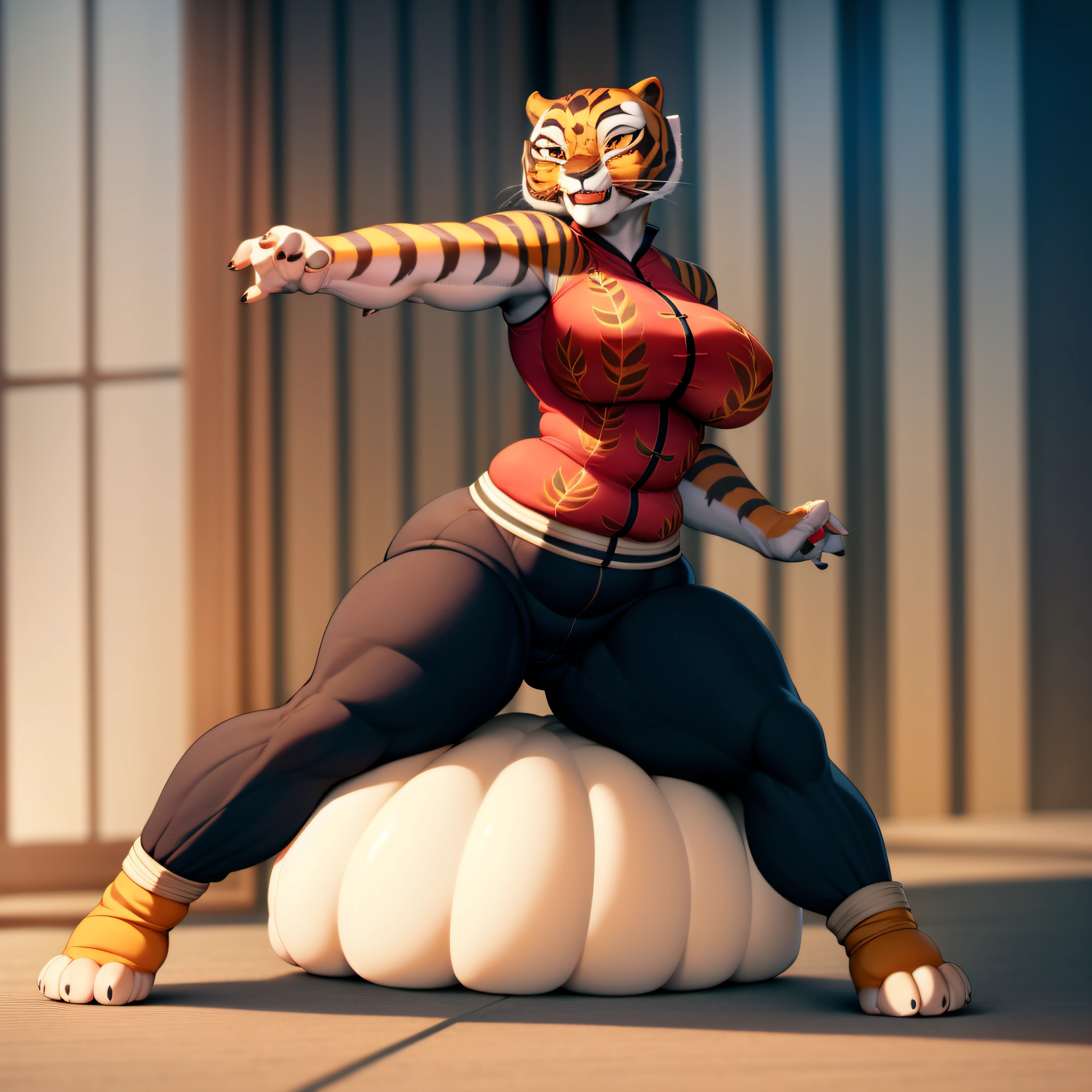 SSBBW, FAT, BIG THIGHS, BGIANT BOOBS, IMMOBILE, ((obra-prima, melhor qualidade)), (luz complexa), corpo inteiro de tigresa, 1girl, solo, furry female, tigre antro, sem humanos, Slacks, standingn, postura de luta,