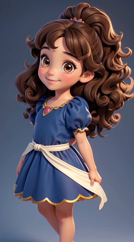 Various full body image profile pose. small child, four-year-old girl, curly brown hair, brown eyes, charming smile, wearing a dark blue dress, fairytale princess style.