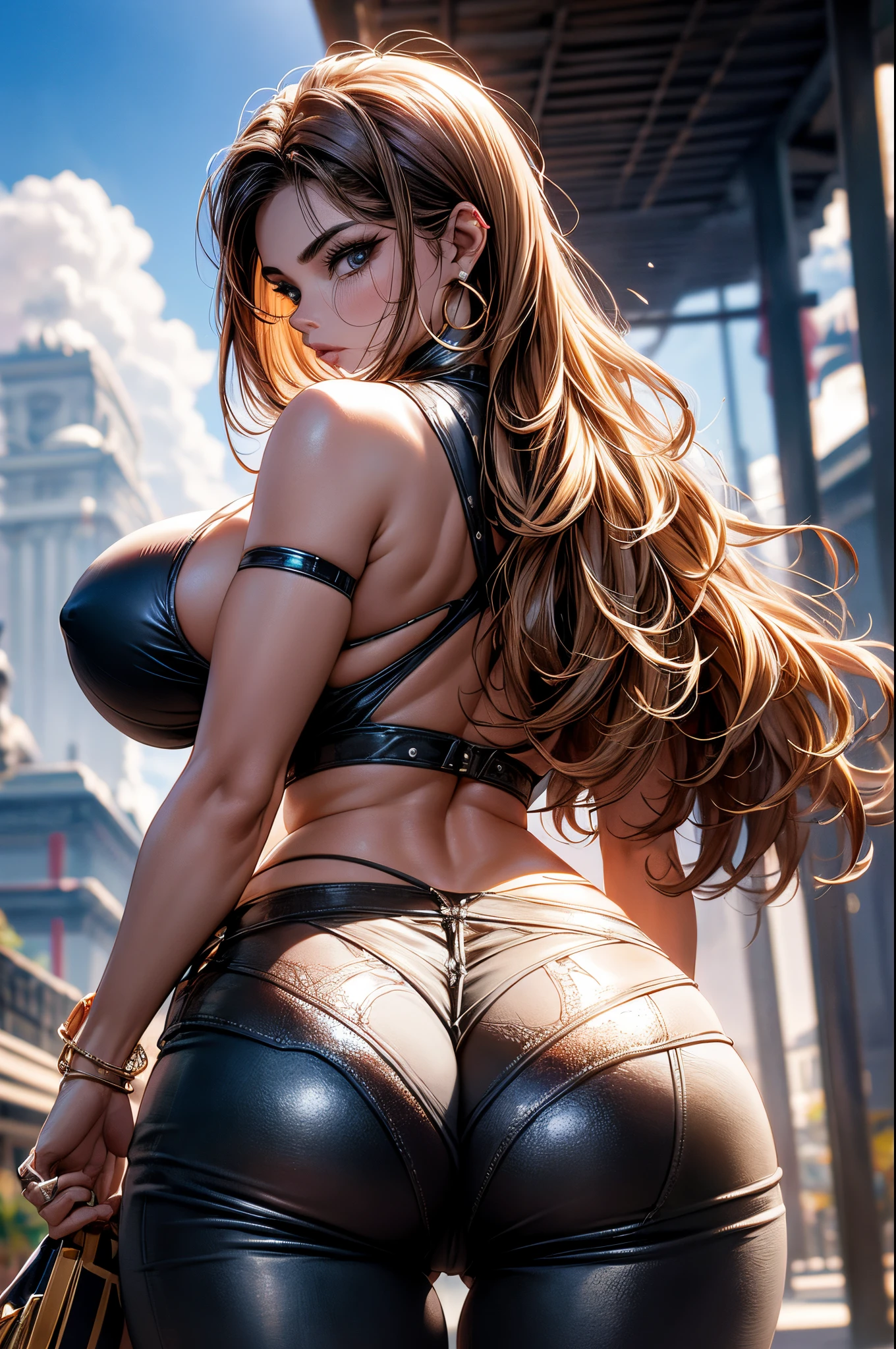 Mulher adulta 30 anos, cara seria, olhos frisados, cabelos longos, seios medios, barriga musculo, pernas grossas, big ass, big booty, camisa curta justa, saia curta, salto alto, (((Latin woman perfection))), solo1