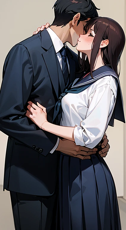 a man and a woman embracing, with another person kissing the woman, 1girl,1boy,school uniform, dark hair, hetero, kiss, serafuku, french kiss