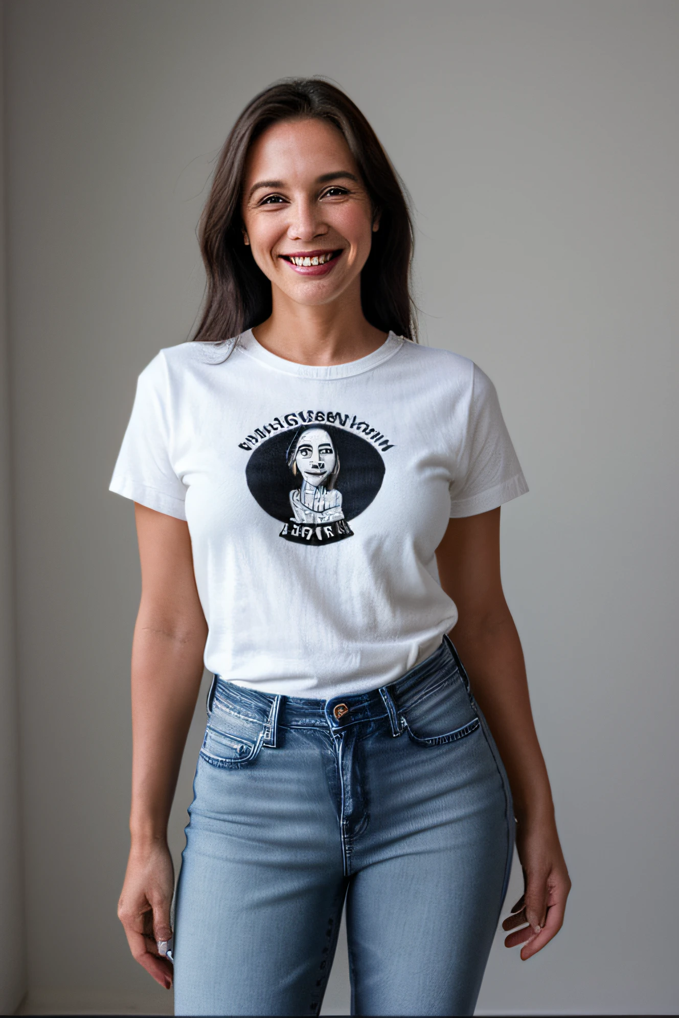 mulher de 30 anos sorrindo, hiper-realista, vestindo uma camiseta preta grande e jeans branco
