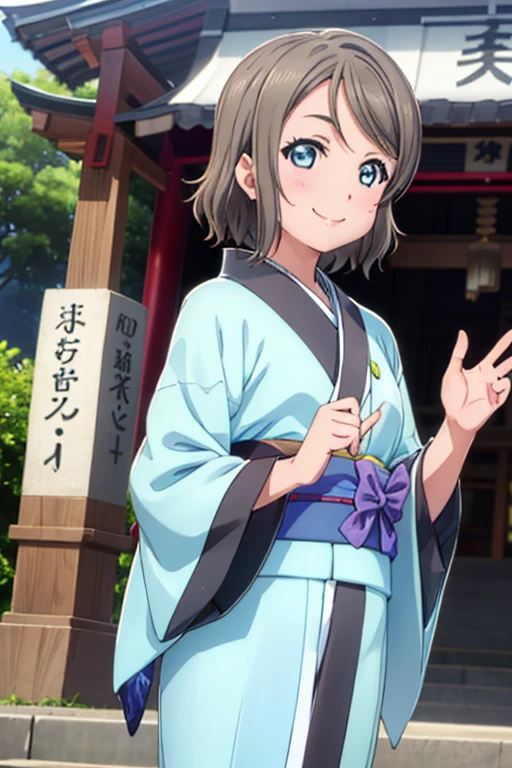 (((pixel perfect, Detail Perfect))), Bad Hand，Well-formed five-finger，Solo, 1girl in, Watanabe, bowtie, Looking at Viewer, Smile，Aqua Kimono，Kimono，Furisode，shrines