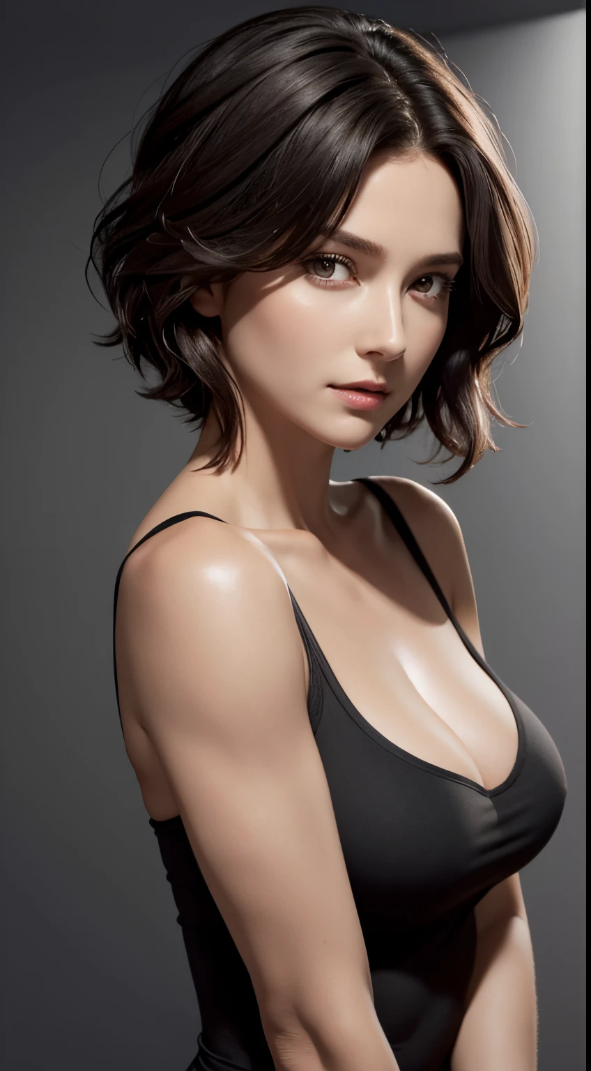 Skin Tight Black Top:1.2, Looking at Viewer, Cinematic lighting, Perfect, softlight, High resolution skin:1.2, Realistic skin texture, 30 years old mature woman、Small face、no-makeup、, off shoulders,Bust B Cup、 Exposed cleavage, Red Eyes, Short hair, dark brown hair、fullnude、Gray background、