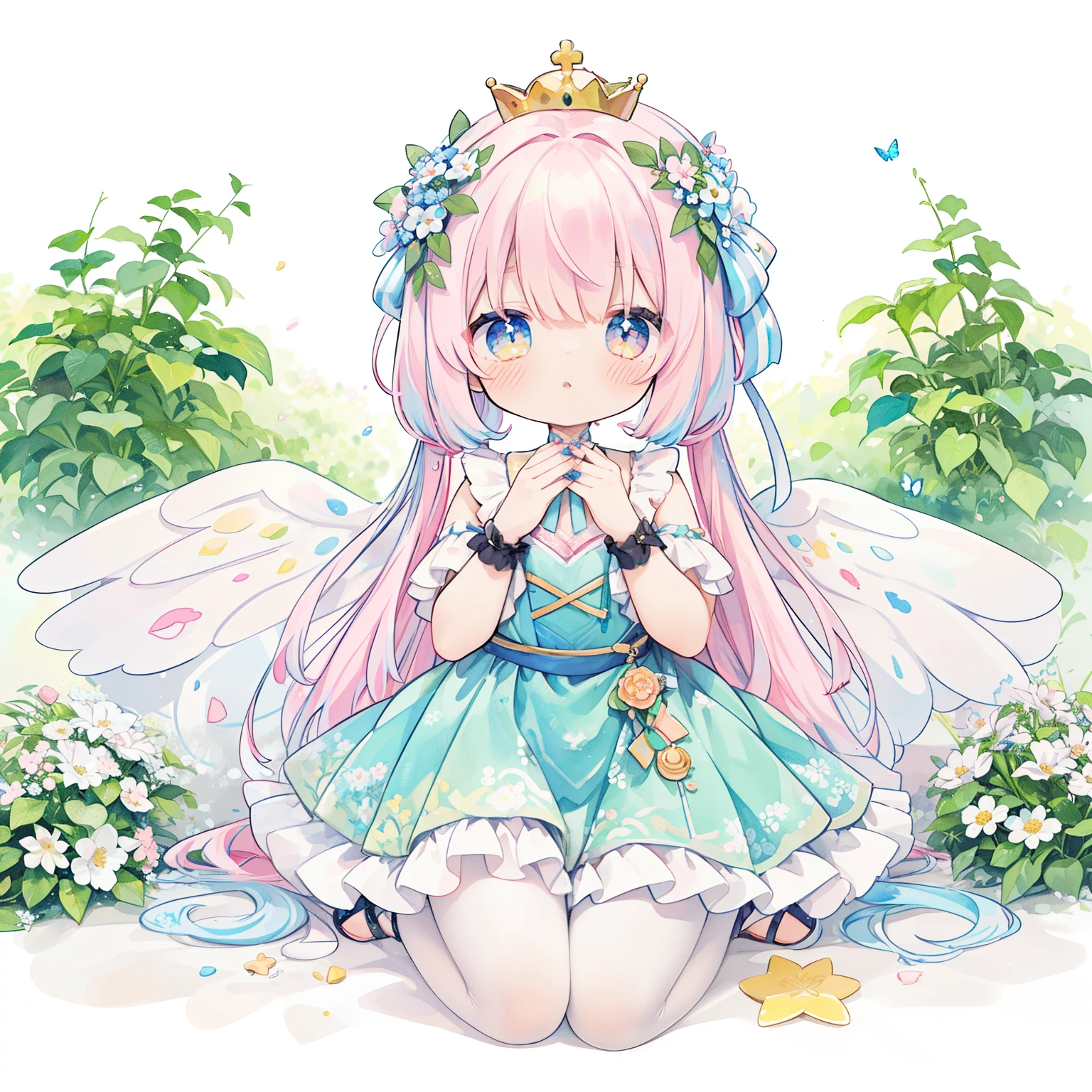 1girl in、(PastelColors:1.3)、(Cute illustration:1.3)、(watercolor paiting:1.1)、(Chibi:0.3）、Aster Harmony Garden Sprite,
Jumpsuit with oversized butterfly wings in pastel colors,
Playful ruffles and layers create a whimsical touch,
Narrow your waist to create a beautiful silhouette,
something worn as a crown with a wreath decorated with flowers,
I tied a ribbon to my braided hair.,
Lace-up sandals or ballet shoes with ribbon ties,
Moist makeup with pastel eyeshadow,
Add glitter and petal accents to the cheeks,
Finish with a pastel colored manicure,、 ,Thick wool gown:0.7