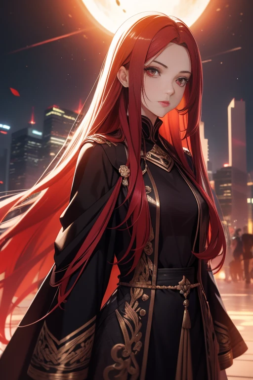 ((red eyes reflecting the sun))、Woman with long straight hair and red lips, ekaterina, 30 year old female,Red-haired、