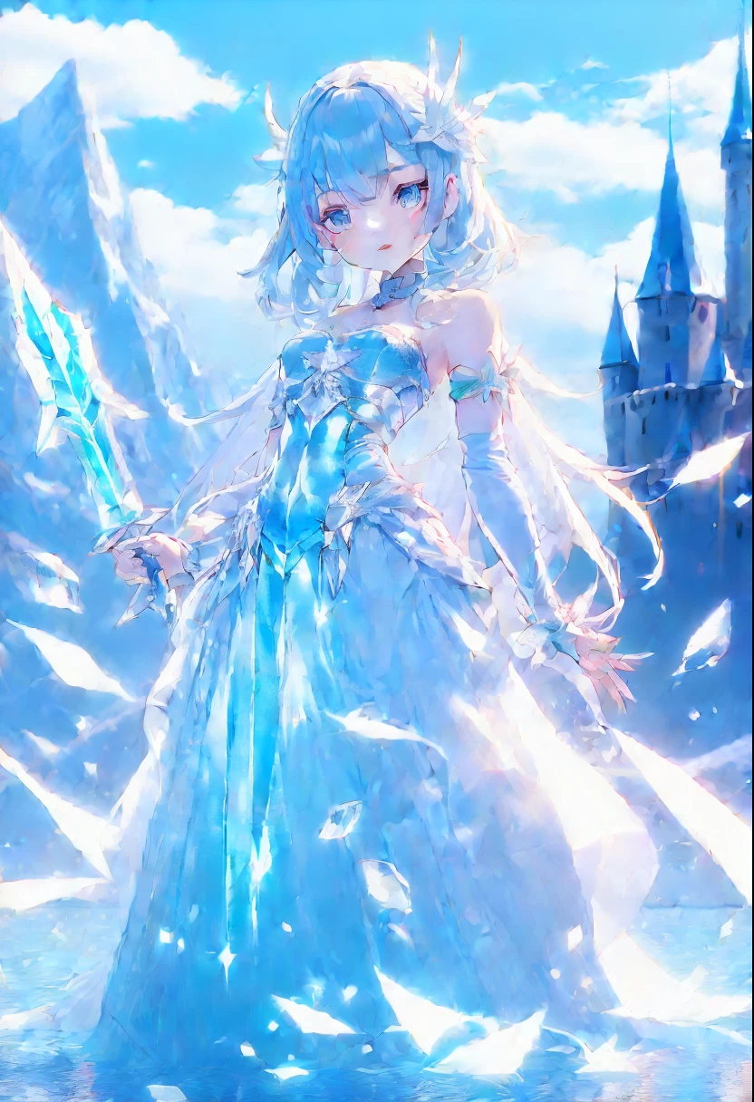 Spirit、Glitter motif costume、big castle in the background、Two swords that shine pale and white、Luminous effect、Floating 、lightblue hair、Longhaire、 lake、 magic ice、hight resolution、8Ｋ、fantasy worlds、Light scattering、Color scheme mainly white and blue