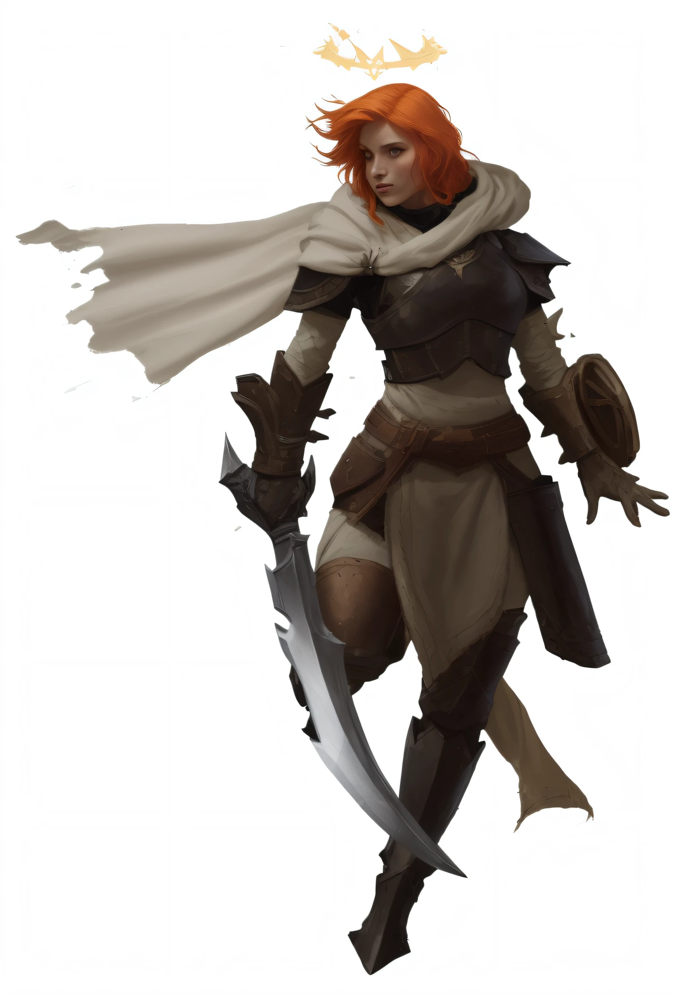 a close up of a person with a sword and a cape, female redhead templar, picture of female paladin, north  female warrior, d&d dark sun character art, starfinder character, rogue class warrior class, female lightning genasi, drow ranger, female paladin, dungeons and dragons character, rpg concept art character, d & d fantasy character, flickering halo