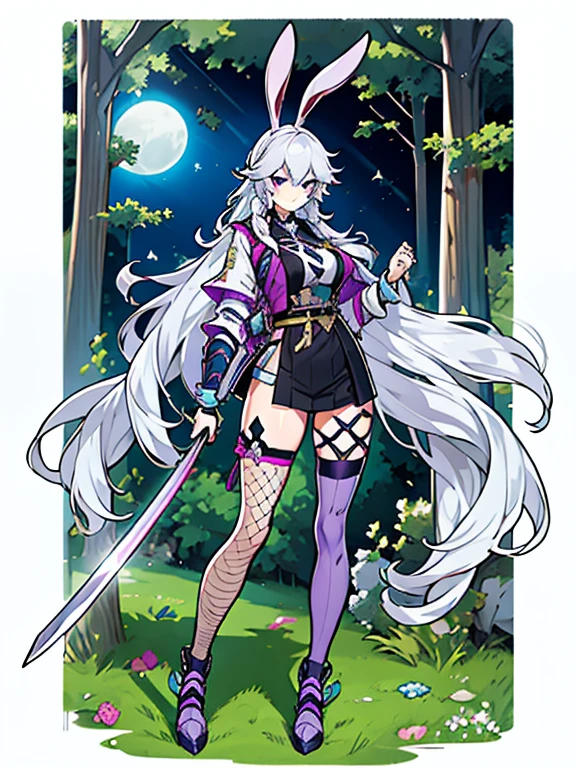 silver hair, samurai armor, purple highlights in hair ombre getty purple, bunny ears, katana, braided hair, full body, detailing, fishnet stockings, thigh high, in the woods as backdrop, detail face, detail hands, detail hair