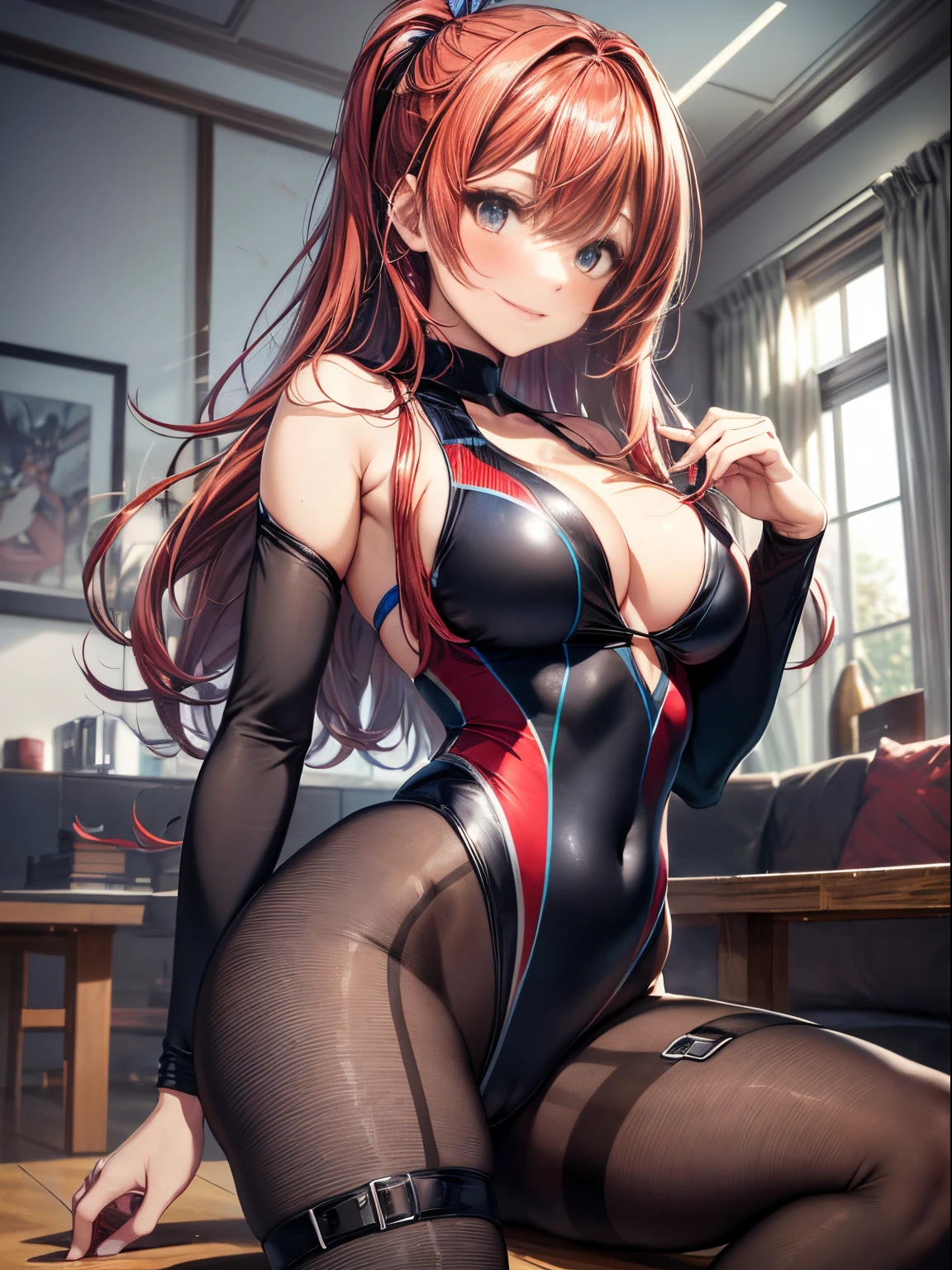 top-quality、Full limbs、complete fingers、1girl in、Beautiful Large Breasts、straight haired、((Red hair))、(Competitive swimsuit black with red lines、Competitive swimsuit with shoulder straps、Competitive swimsuit that does not expose skin)、(Brown pantyhose)、(livingroom)、Naughty Poses、A big smile、Dancing