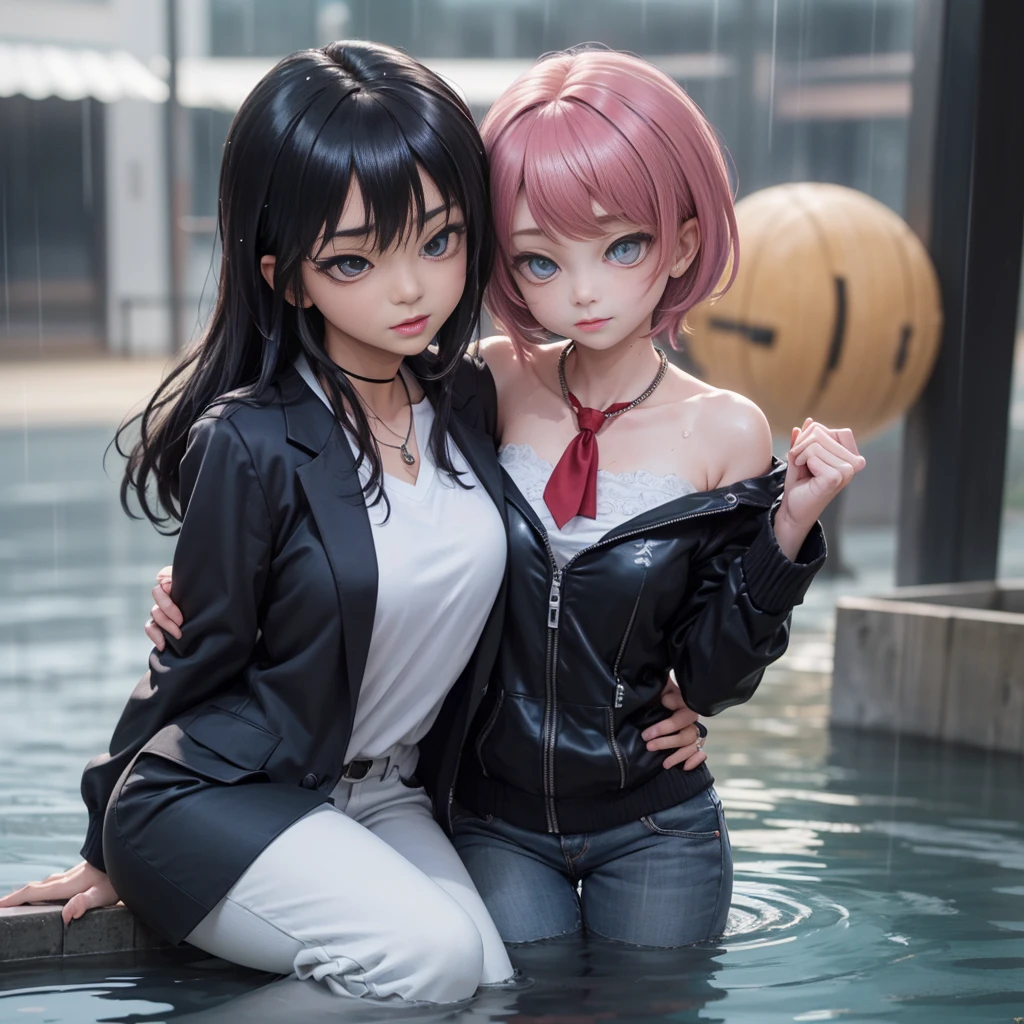 (master part), (best quality), Altas, ((((1 girl she has gray hair with blue eyes and 1 boy he has short black hair with red eyes which are classmahey they have different hair colors and eyes don't confuse)))), (desenha Kei e Kiyotaka Ayanokoji se olhando), (2schoolmates who are Kei and kiyotaka ayanokoji looking at each other), (Kei1), (1girl), sozinho, ((((ela tem olhos azuis)))), (ela tem cabelos compridos), (Ela usa uniforme escolar), (ela tem fita), (ela tem franja), 鎖骨, Ela tem cabelos grisalhos, ela tem faixa de cabelo preta, she has a ribbon around her neck, cabelo entre os olhos, She has medium breasts, cowboy shot, ela olhando seriamente para Kiyotaka Ayanokoji, Anatomicamente correto corpo inteiro, parado na rua com chuva caindo, isso com uma cara triste e preocupada, completamente teimoso e desapegado, (1st grade), (Kiyotaka Ayanokoji), 15 anos, school uniform white shirt black jacket open jacket red tie long black pants sitting, (((((Ele tem olhos vermelhos))))), ((Ele tem cabelo preto curto)), corpo inteiro anatomicamente correto, he has a Jesus necklace around his neck, Pernas normais, usa sapatos pretos, (is he looking at Kei1 or the girl), ((He's in front of Kei wanting to give her his black jacket so she doesn't get wet so much)) , enfrentando Kei, (cena emocional), (Misterioso), (Detailed full scenario), (((((They are drenched in lots of passion and hugs))))), ((((They are being wet by the rain along with their clothes)))), ((Their bodies are anatomically correct and detailed without errors))
