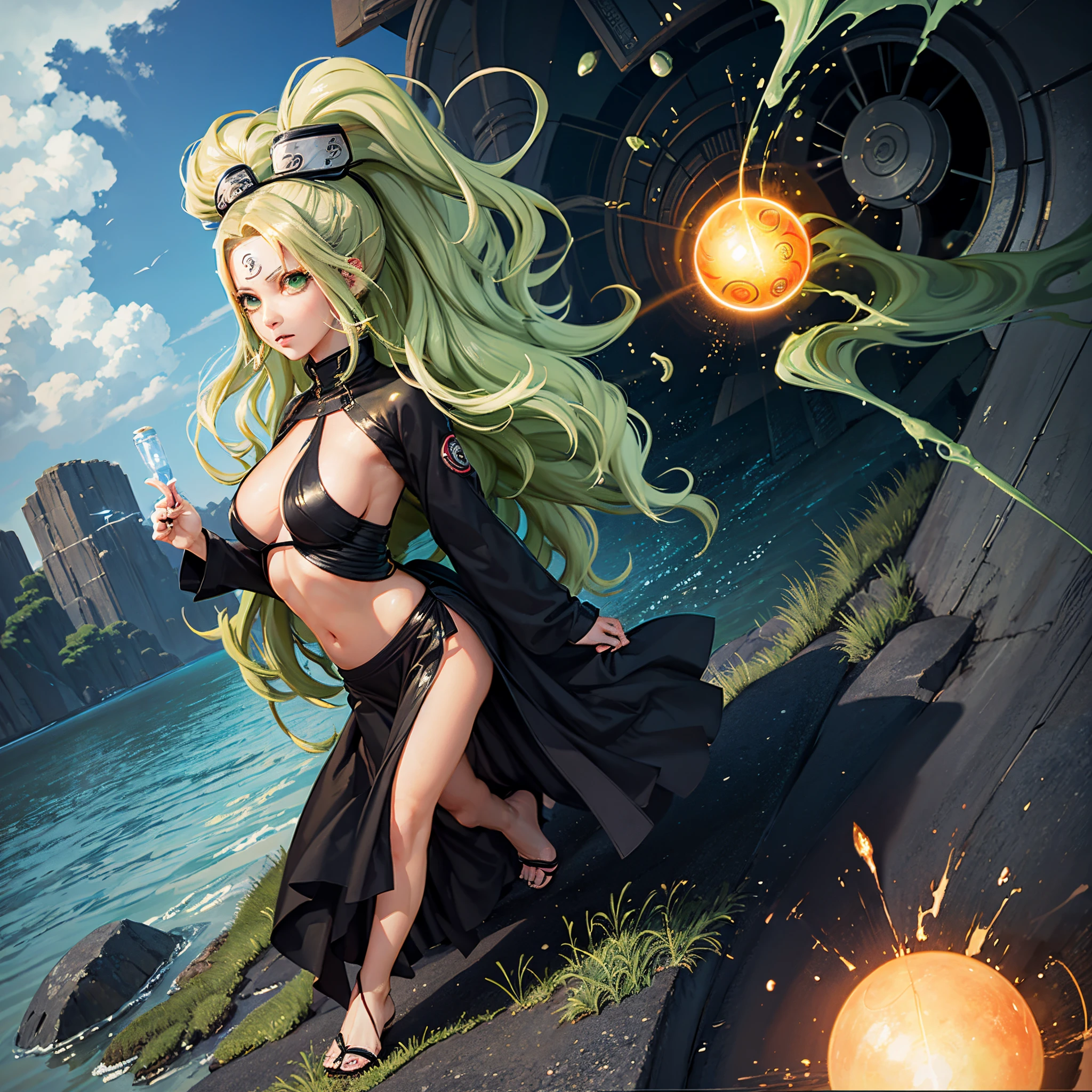Create an image of a 25 year old woman, with Tsunade (Naruto) clothes, black skin, delicate face, striking green eyes, and with a serious expression on her face, and in her hand with a sphere of energy floating in your hand, full body image, league of angels style