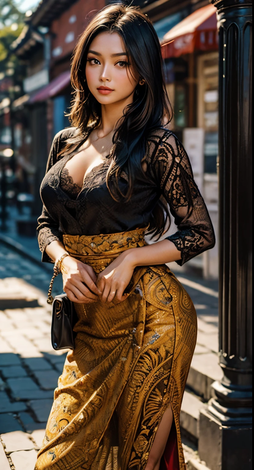 1 woman, Indonesia woman, 23 years old, long black hair, olive skin, smaller head, brown eyes, toned body, medium breasts, skintight lace kebaya, cleavage, tight batik pattern skirt, masterpiece, ultra HD, realistic masterpiece, blurred background, archipelago, dynamic poses, perfect hands, perfect face, perfect details, sharp focus