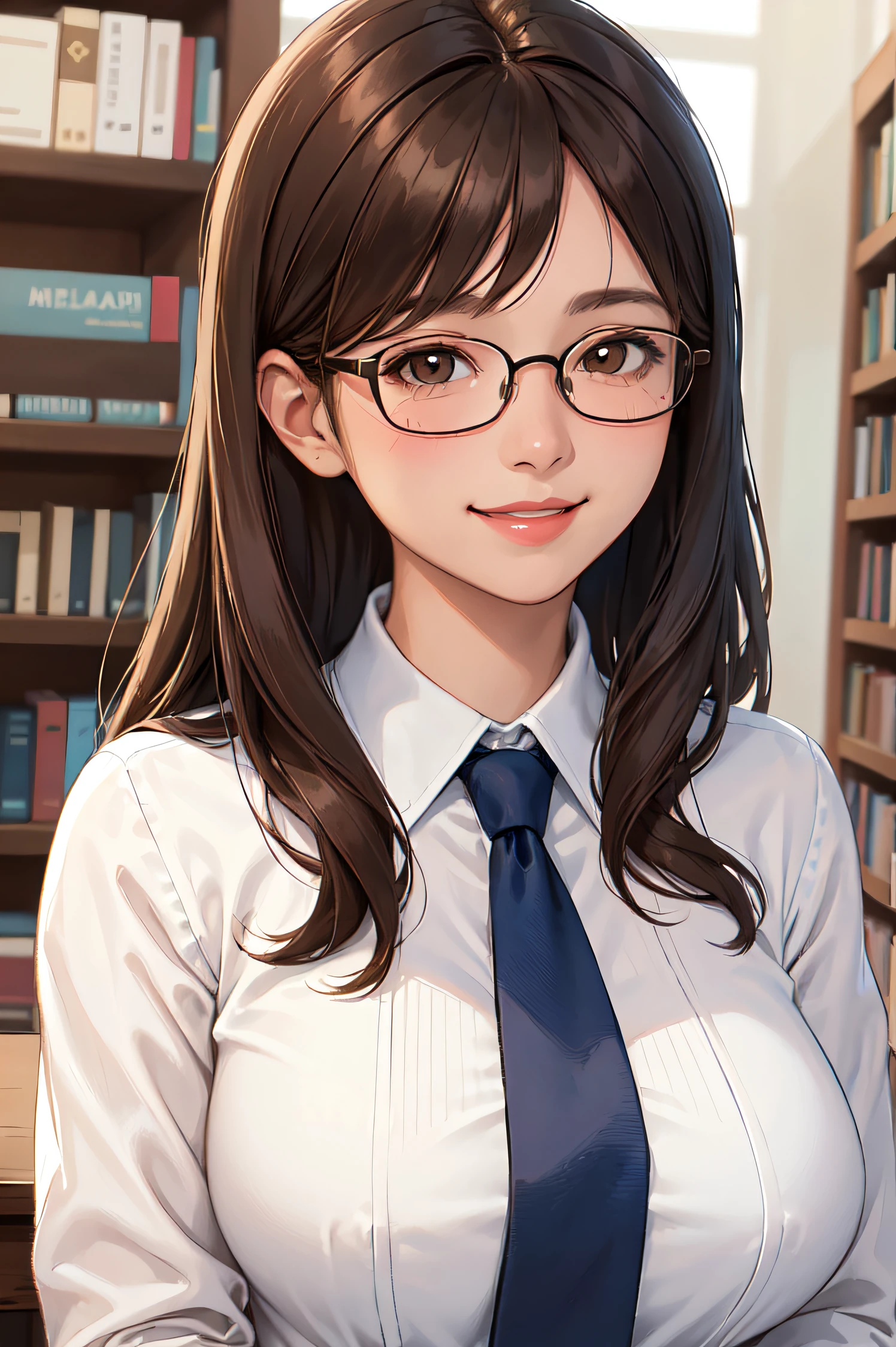 1lady, solo, mature female, brown hair, parted bangs, brown eyes, glasses, blush kind smile, (masterpiece, best quality:1.2) delicate illustration, ultra-detailed, large breasts, upper body, white shirt, blue tie, library