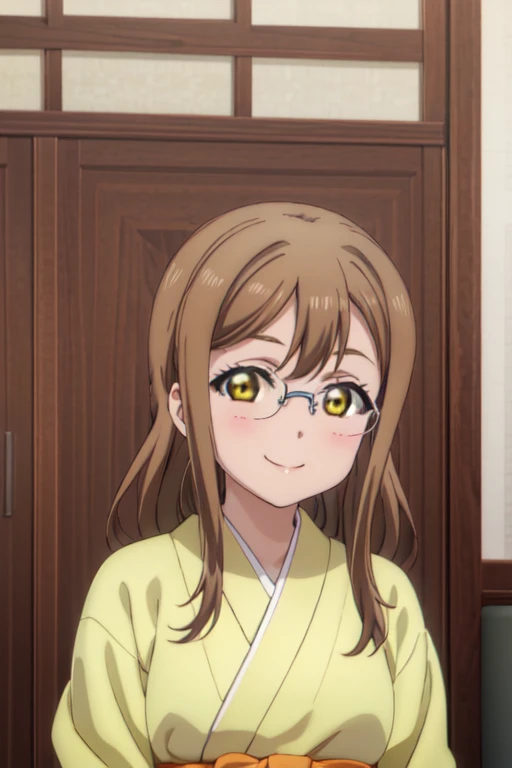 (((pixel perfect, Detail Perfect))),sorry，Solo, 1girl in, Hanamaru Kunikida, bowtie, Looking at Viewer, Smile，eye glass，yellow kimono，kimono，Furisode，temple