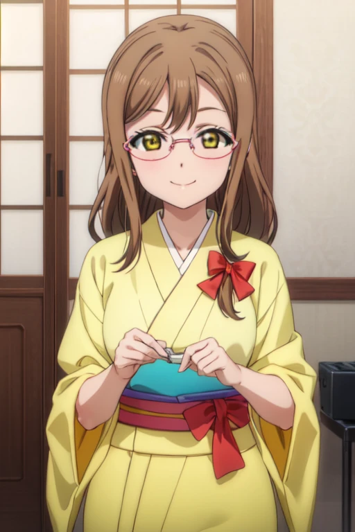 (((pixel perfect, Detail Perfect))),sorry,Solo, 1girl in, Hanamaru Kunikida, bowtie, Looking at Viewer, Smile,eye glass,yellow kimono,kimono,Furisode,temple