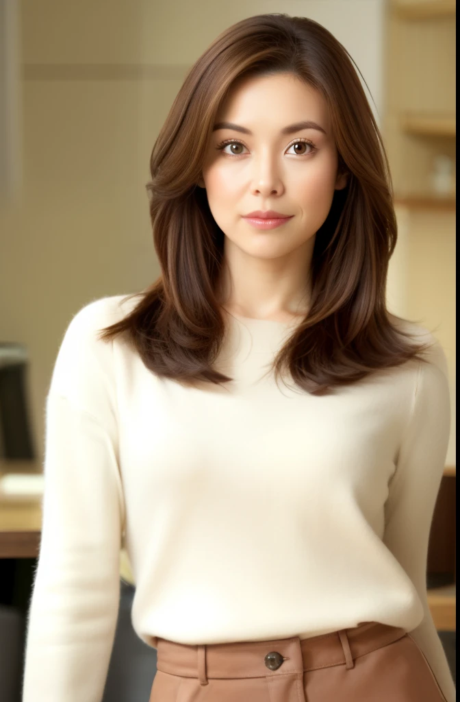 masuter piece, top-quality, masterpiece, hight resolution, Photorealsitic, Raw photography, 8k wallpaper, flawless, profetional lighting, ighly detailed, depth of fields,Pale solid color background, ((One beautiful woman)), ((20yr old)), Female sexy, Detailed face, beautidful eyes, bangss, small breasts of good shape, Light Brown Straight Hair, Faint lips, ((stand facing forward、Staring at the viewer, serious face eyes.)),Sweaters, skirt by the, foot out of frame