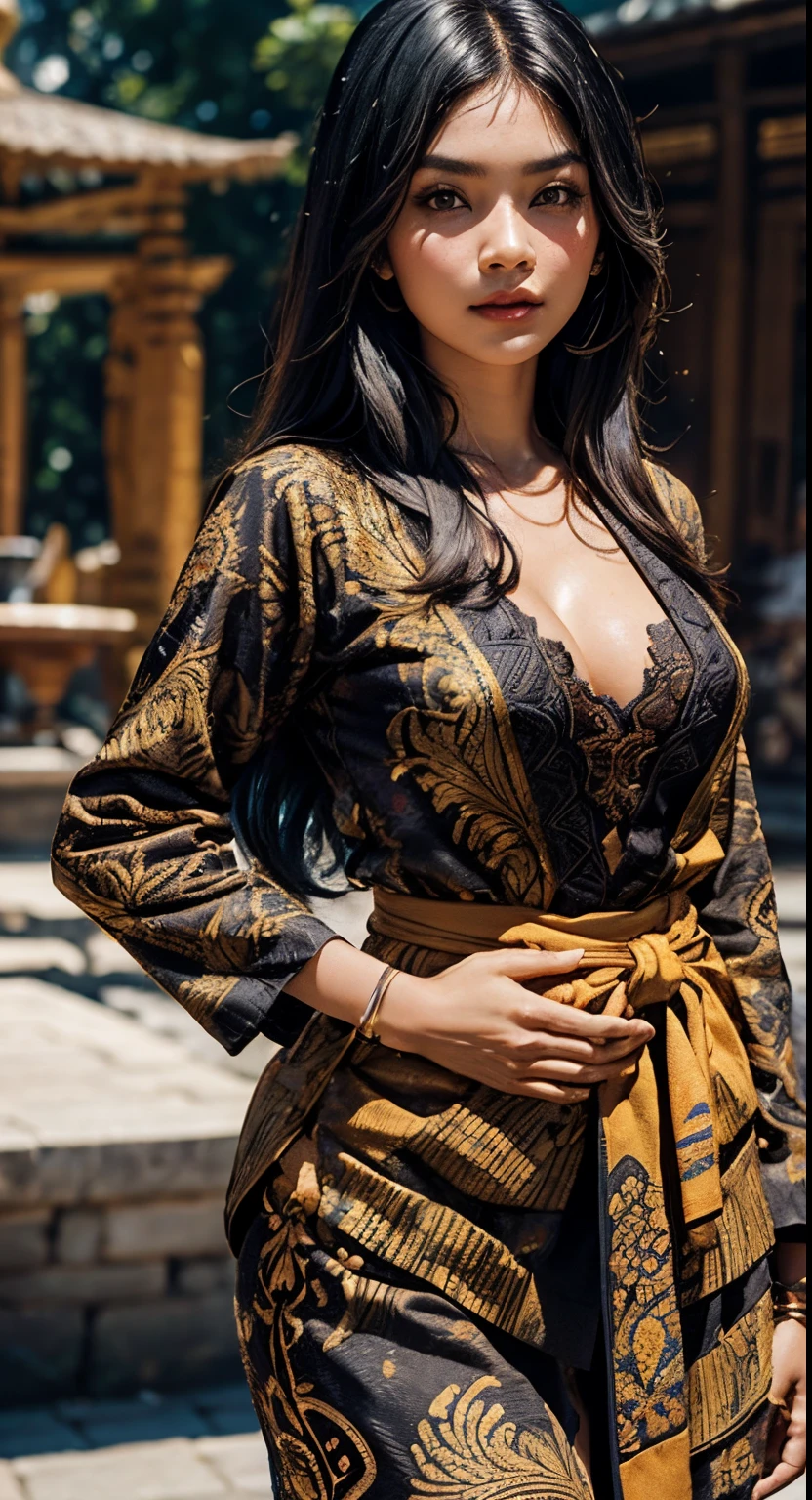 1 woman, Indonesia woman, 23 years old, long black hair, olive skin, smaller head, brown eyes, toned body, medium breasts, long sleeve blue kebaya, cleavage, tight batik pattern skirt, masterpiece, ultra HD, realistic masterpiece, blurred background, archipelago, dynamic poses, perfect hands, perfect face, perfect details, sharp focus