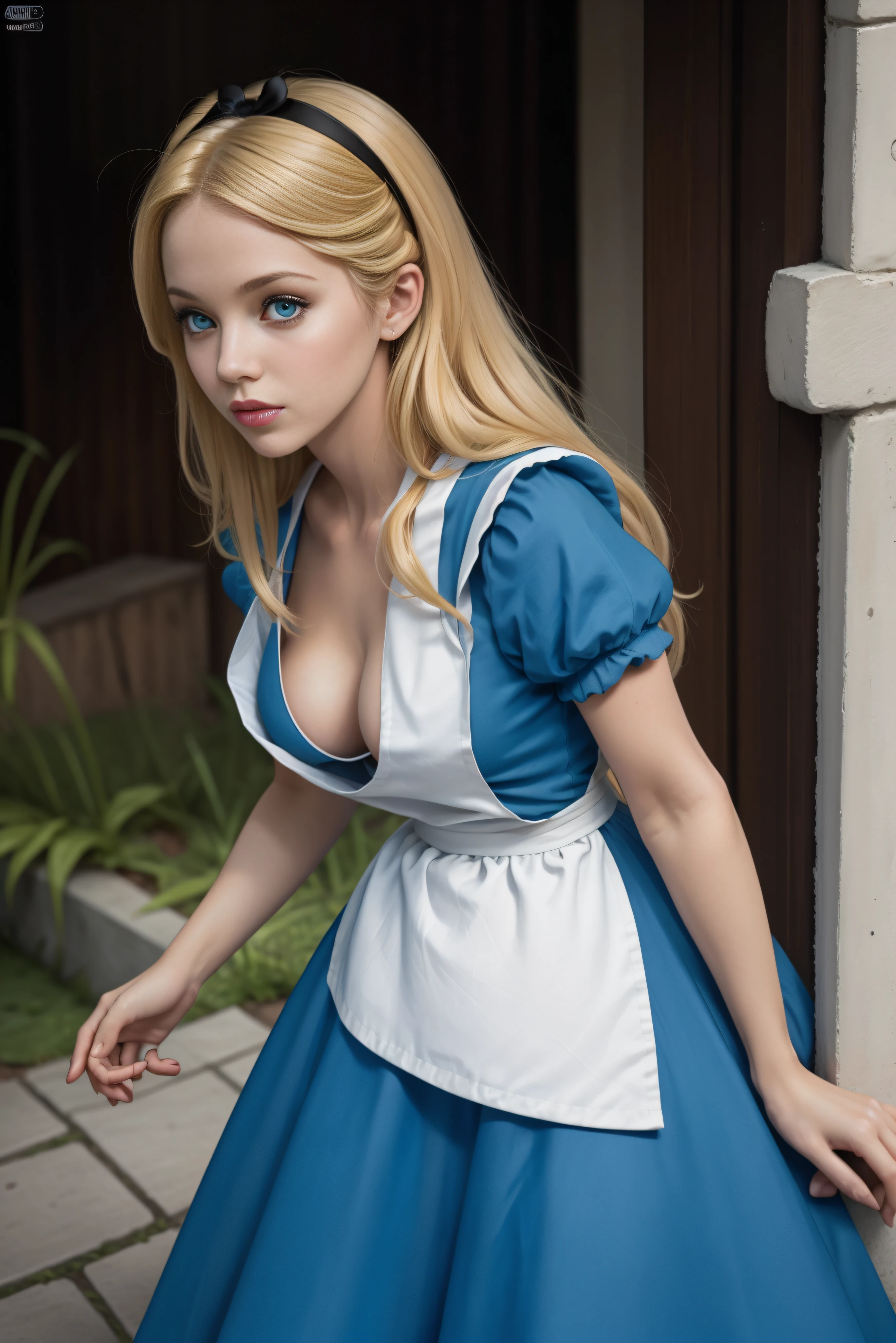 masterpiece, 1girl, solo, make her a sexy Alice in Wonderland with blonde hair, powder blue dress with white apron, white stockings, cleavage, dynamic, ultra high def, 32k, (perfect anatomy:1.5), perfect legs, in the style of Artgerm and Adam Hughes, perfect arms, downblouse