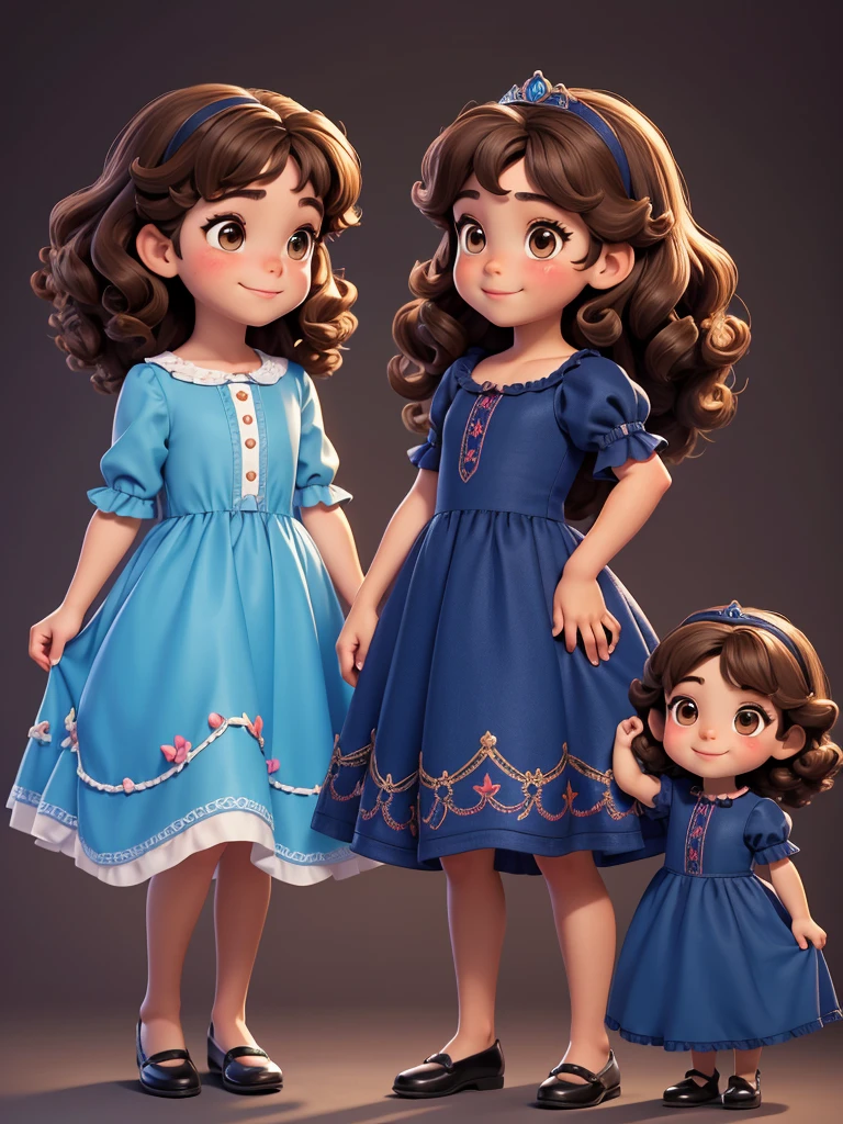 Various full body image profile poses. of two , a four-year-old , currown r, brown eyes, charming smile, wearing a dark blue dress, fairytale princess style.