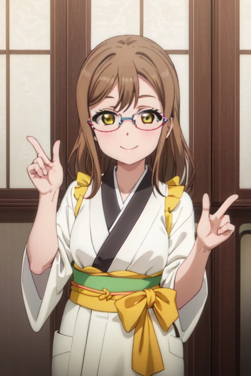 (((pixel perfect, Detail Perfect))),bad hand，Well-formed five-finger，Sorry，Solo, 1girl in, Hanamaru Kunikida, bowtie, Looking at Viewer, Smile，eye glass，yellow kimono，Kimono，Furisode，temple