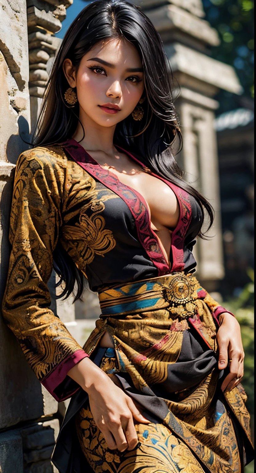 1 woman, Indonesia woman, 23 years old, long black hair, olive skin, smaller head, brown eyes, toned body, medium breasts, long sleeve blue kebaya, cleavage, tight batik pattern skirt, masterpiece, ultra HD, realistic masterpiece, blurred background, archipelago, dynamic poses, perfect hands, perfect face, perfect details, sharp focus