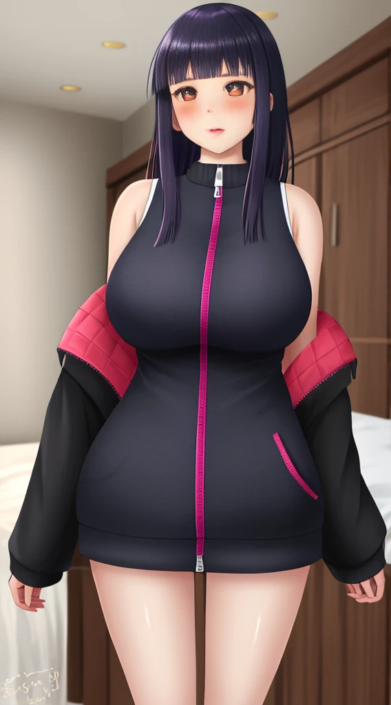 Masterpiece, highres, high Quality, detailed face, detailed body render, 1girl, solo, hyuuga hinata, hinata-sleeveless-outfit, large breasts, big breast, sleeveless shirt, fishnet top, dark lips, unzipped jacket, no bra, breasts out, nipple, standing, blushes, (on bedroom)