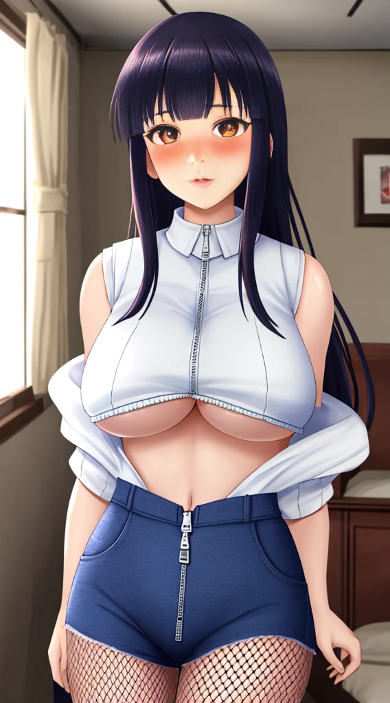 Masterpiece, highres, high Quality, detailed face, detailed body render, 1girl, solo, hyuuga hinata, hinata-sleeveless-outfit, large breasts, big breast, sleeveless shirt, fishnet top, dark lips, unzipped jacket, no bra, breasts out, nipple, standing, blushes, (on bedroom)