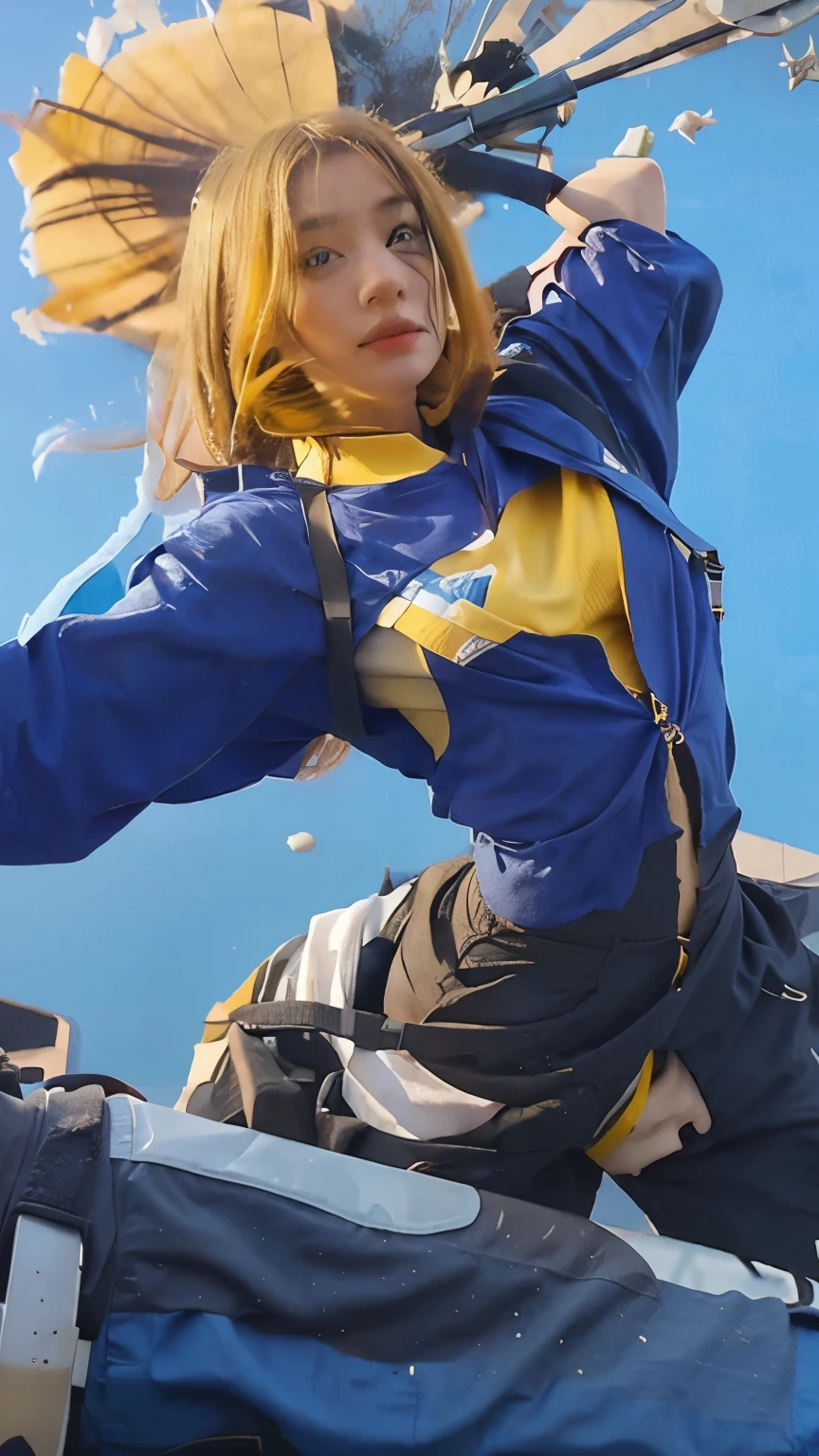 a girl,yelow hair, use long knife,fly, blue clothes