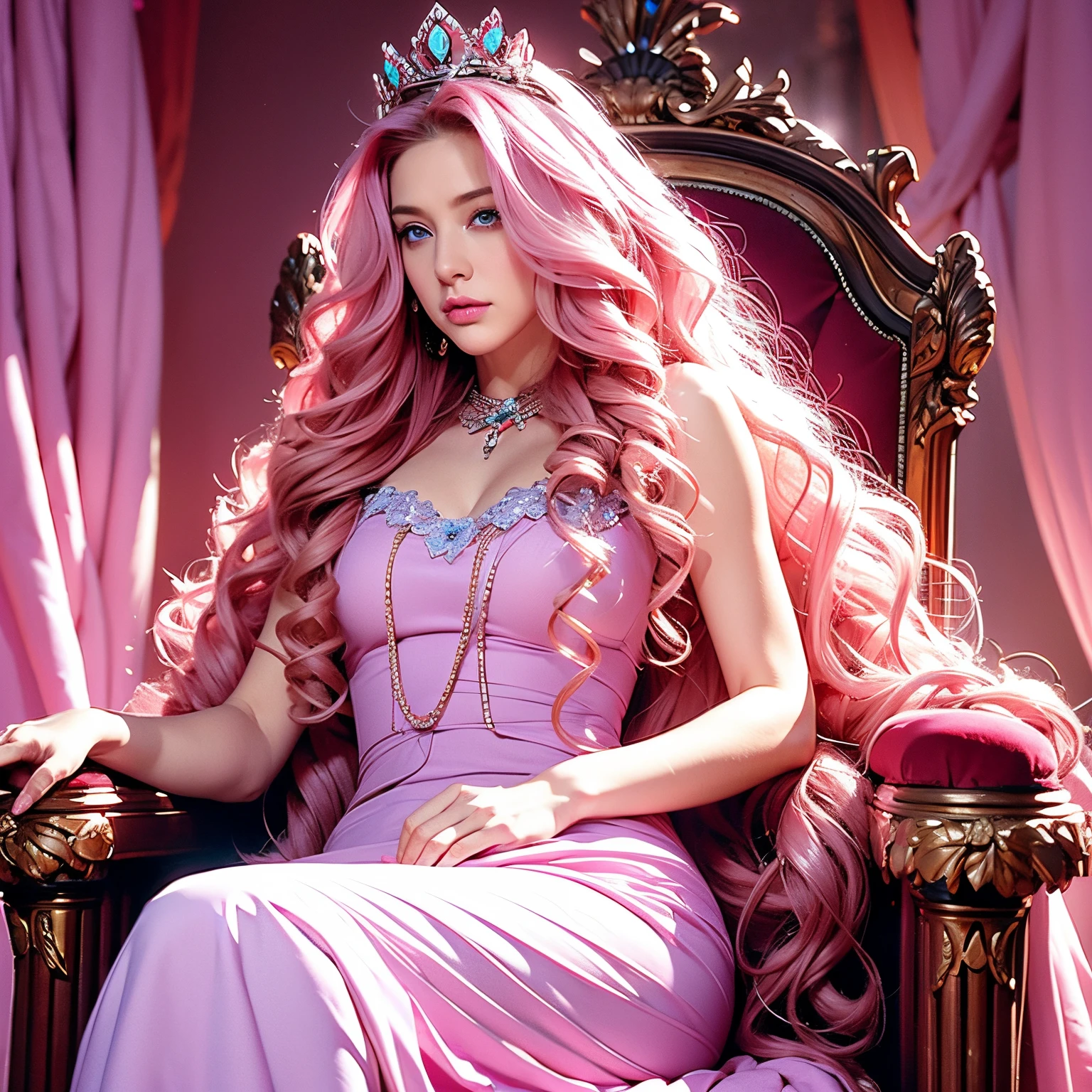Woman, long curly hair, pink hair, blue eyes, sitting on the throne, throne, highlighted eyes, queen, crown, DIVE, serious expression